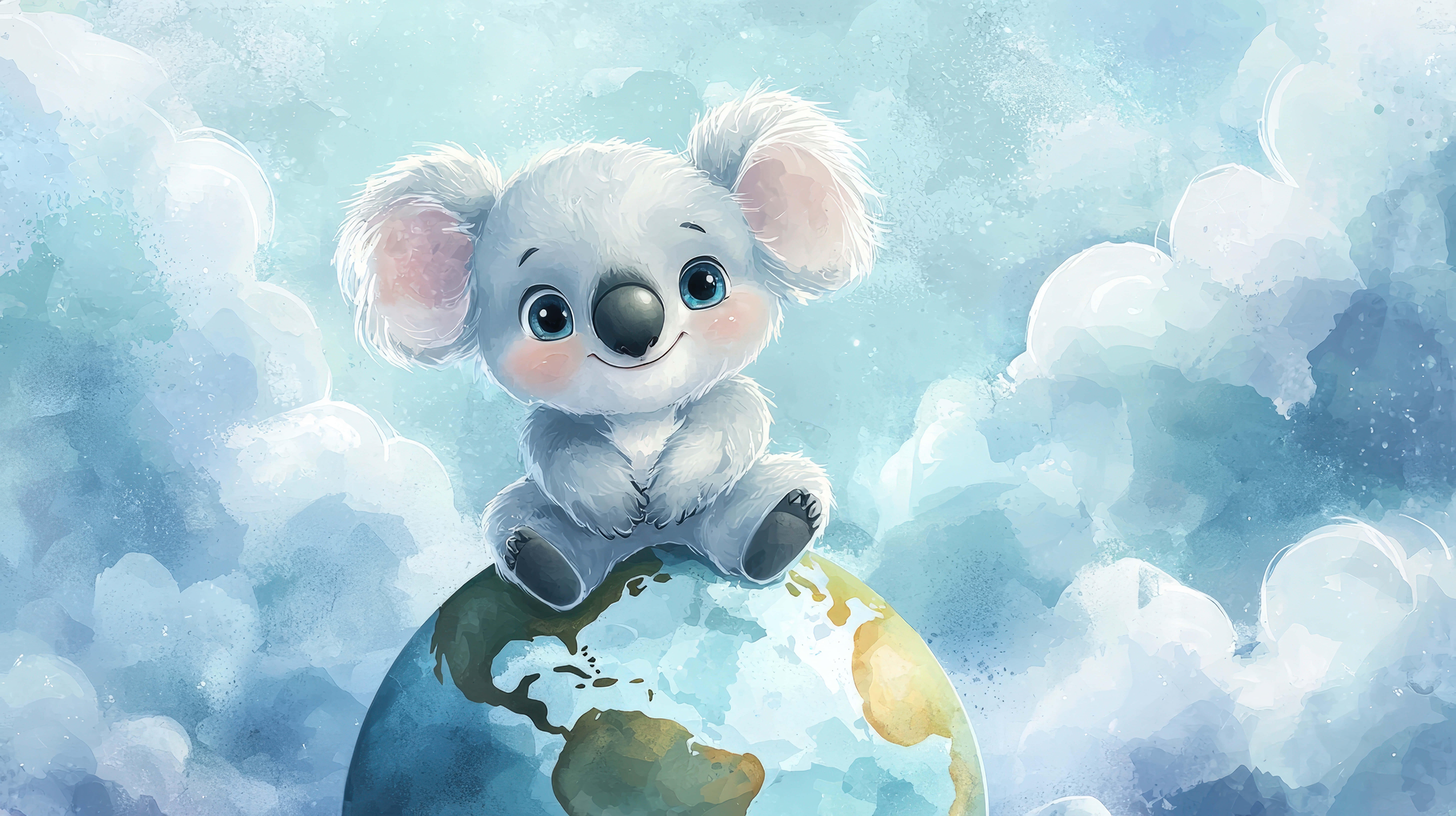 cute cartoon koala, planet earth, dreamy sky, 8K Desktop Wallpaper