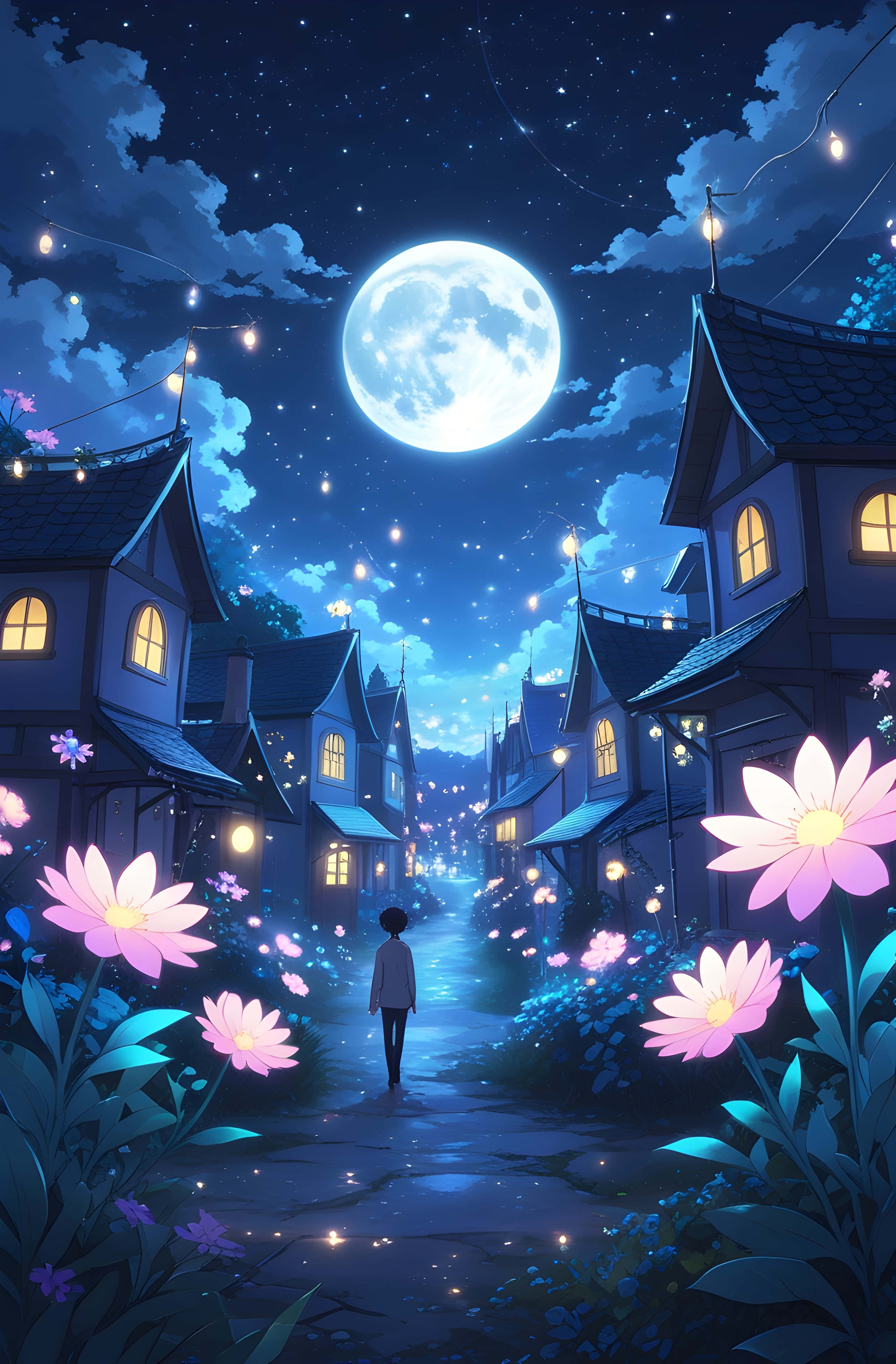 luminous moonlit alleyway, moonlit cobblestone path, glowing pink flowers, 4K Phone Wallpaper
