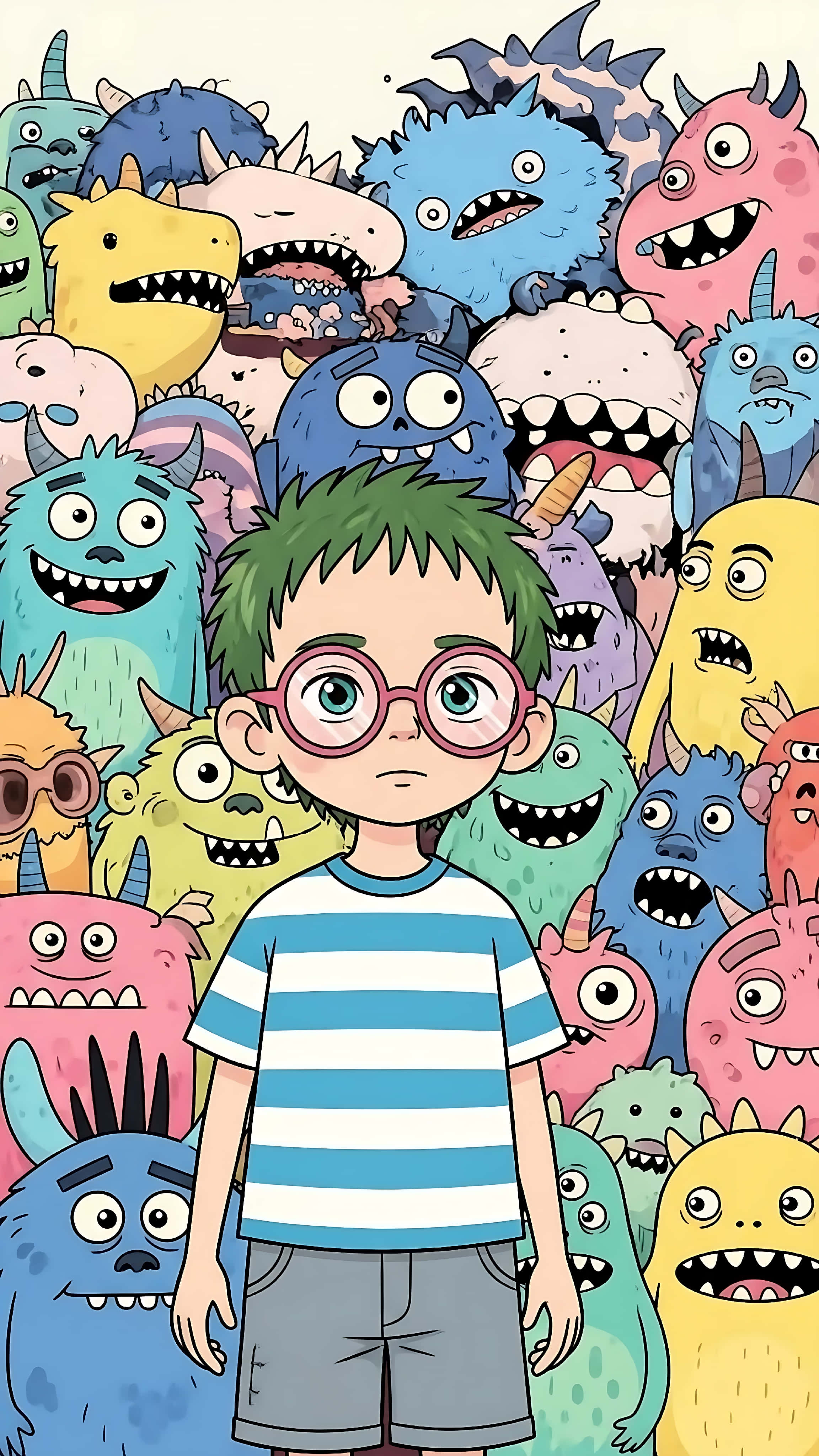 cute little boy, green hair, pink glasses, 4K Phone Wallpaper