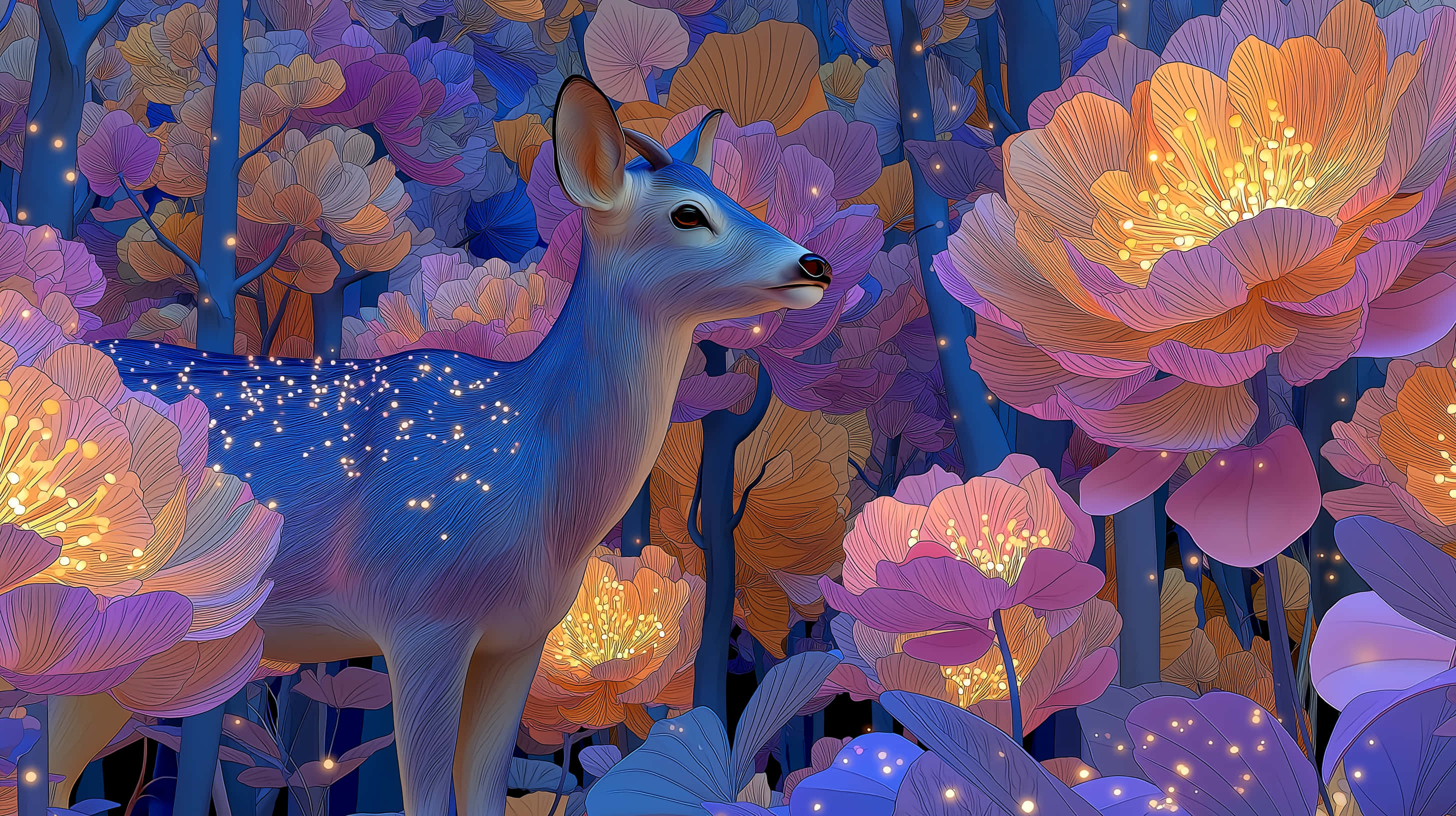 blue deer, glowing spots, magical forest, 2K Desktop Wallpaper