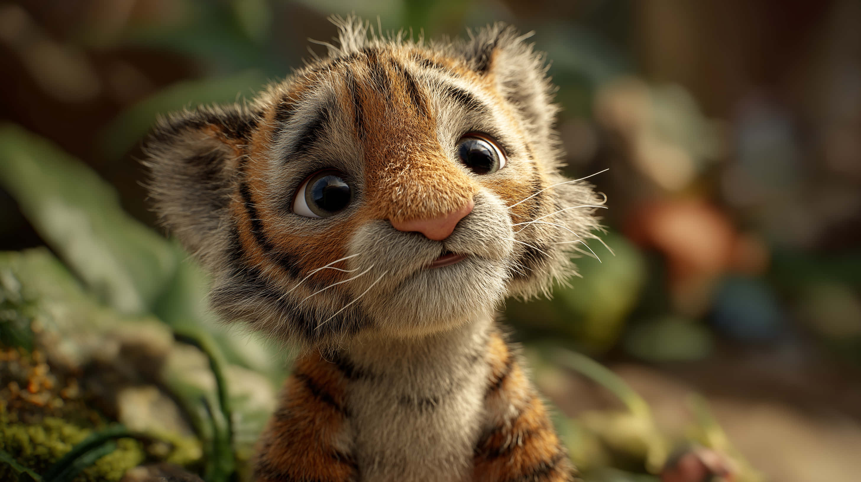 fluffy tiger cub, baby tiger cub, wide curious eyes, 2K Desktop Wallpaper