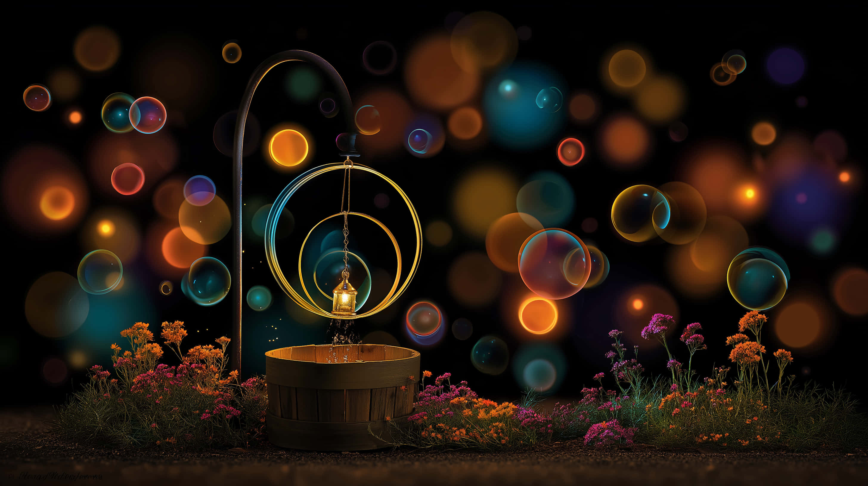 abstract wishing well, glowing lantern, curved metal frame, 2K Desktop Wallpaper