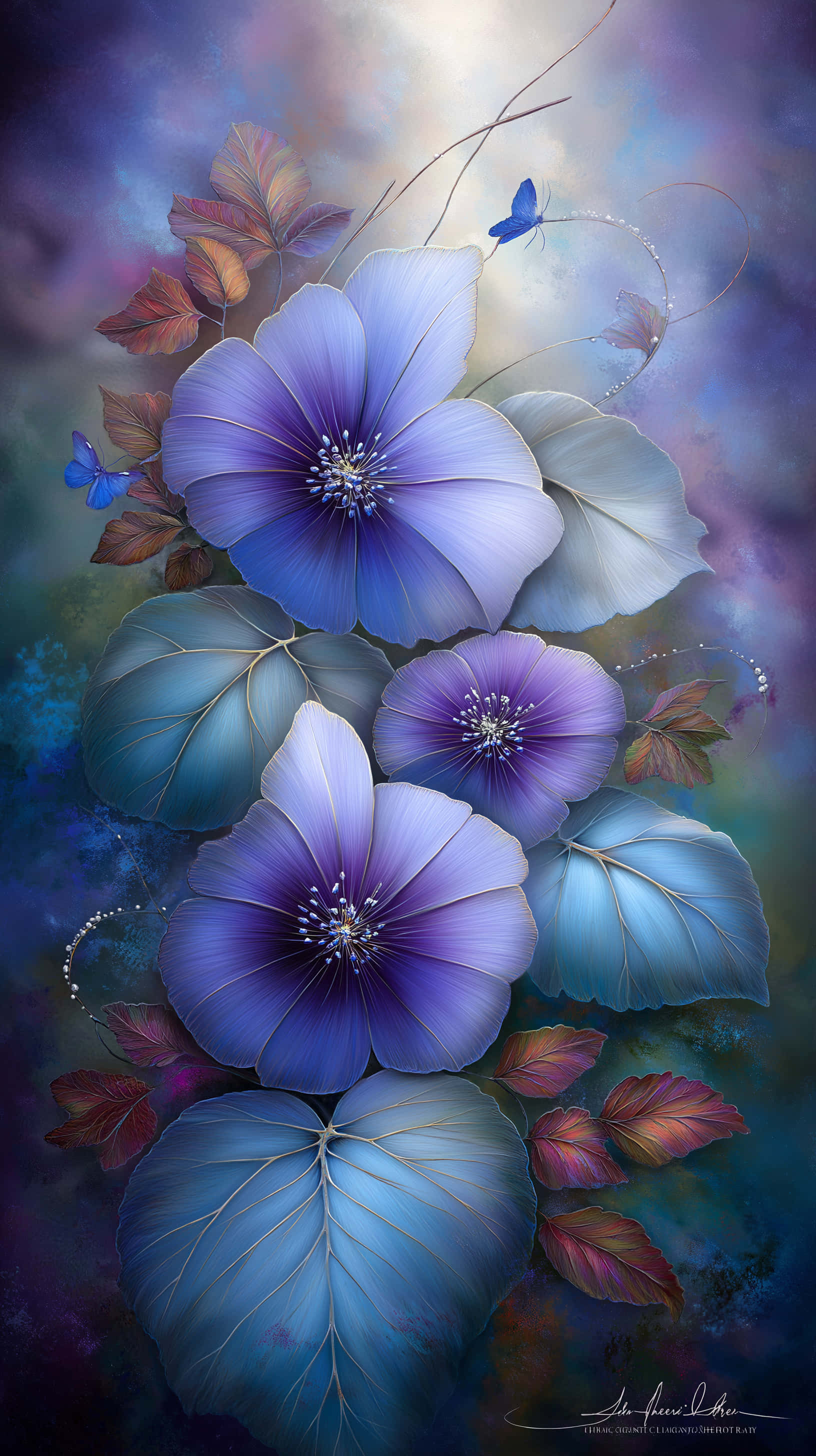 vibrant blue and purple flowers, delicate white centers, swirling cosmic clouds, 2K Phone Wallpaper