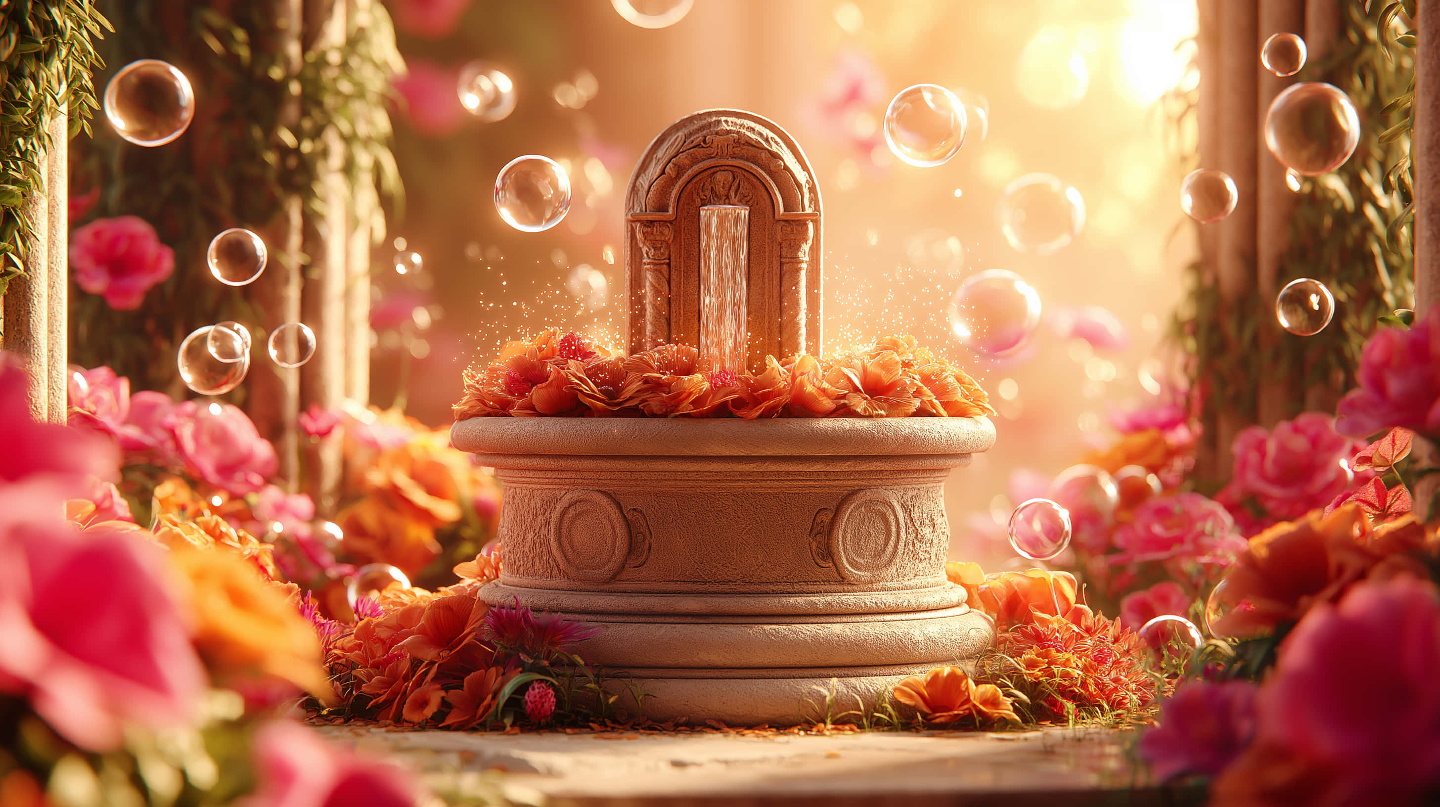 fairy wishing well, stone fountain, orange and pink roses, 2K Desktop Wallpaper