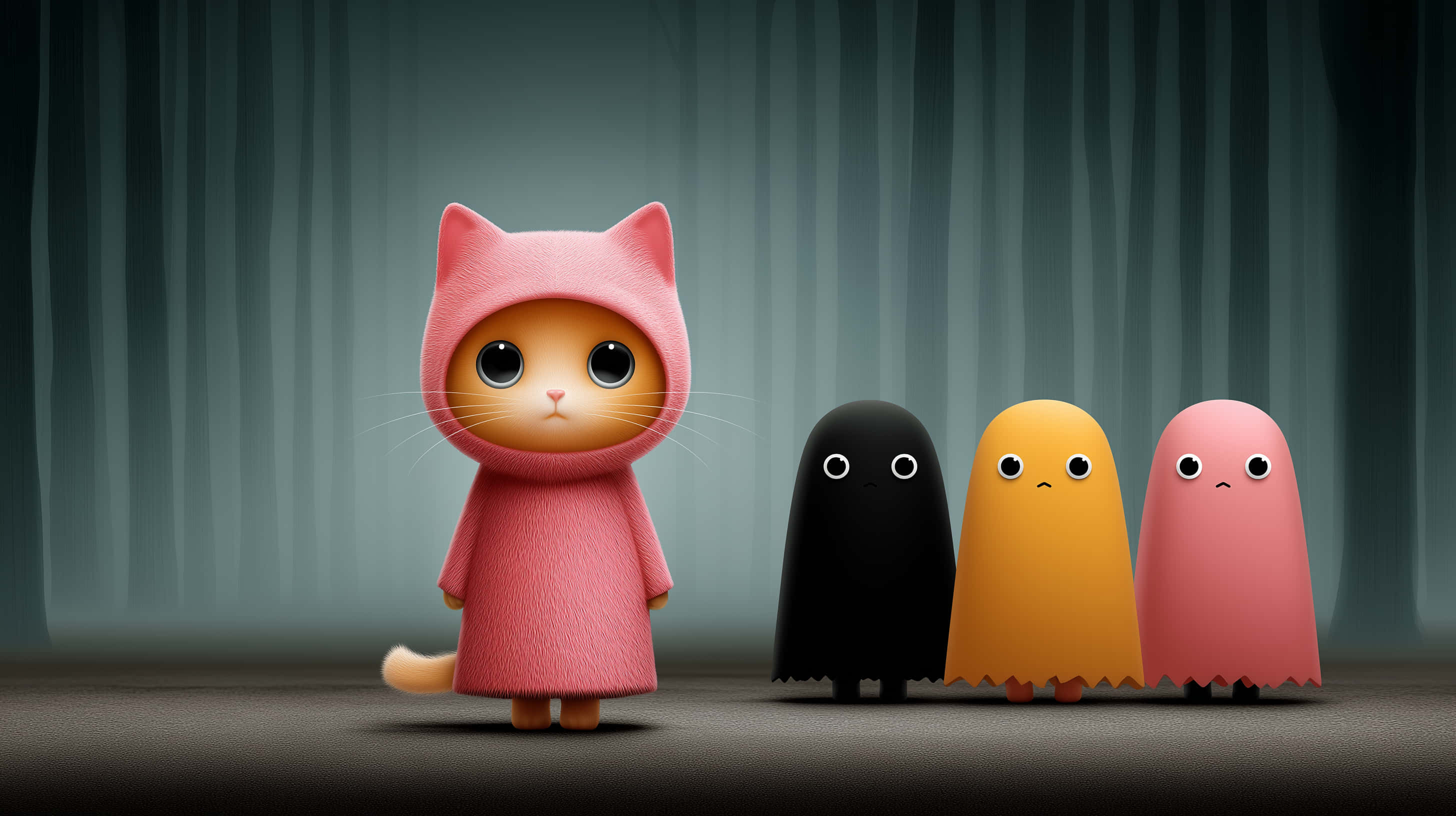 pink cat, hooded robe, three colorful ghost characters, 2K Desktop Wallpaper