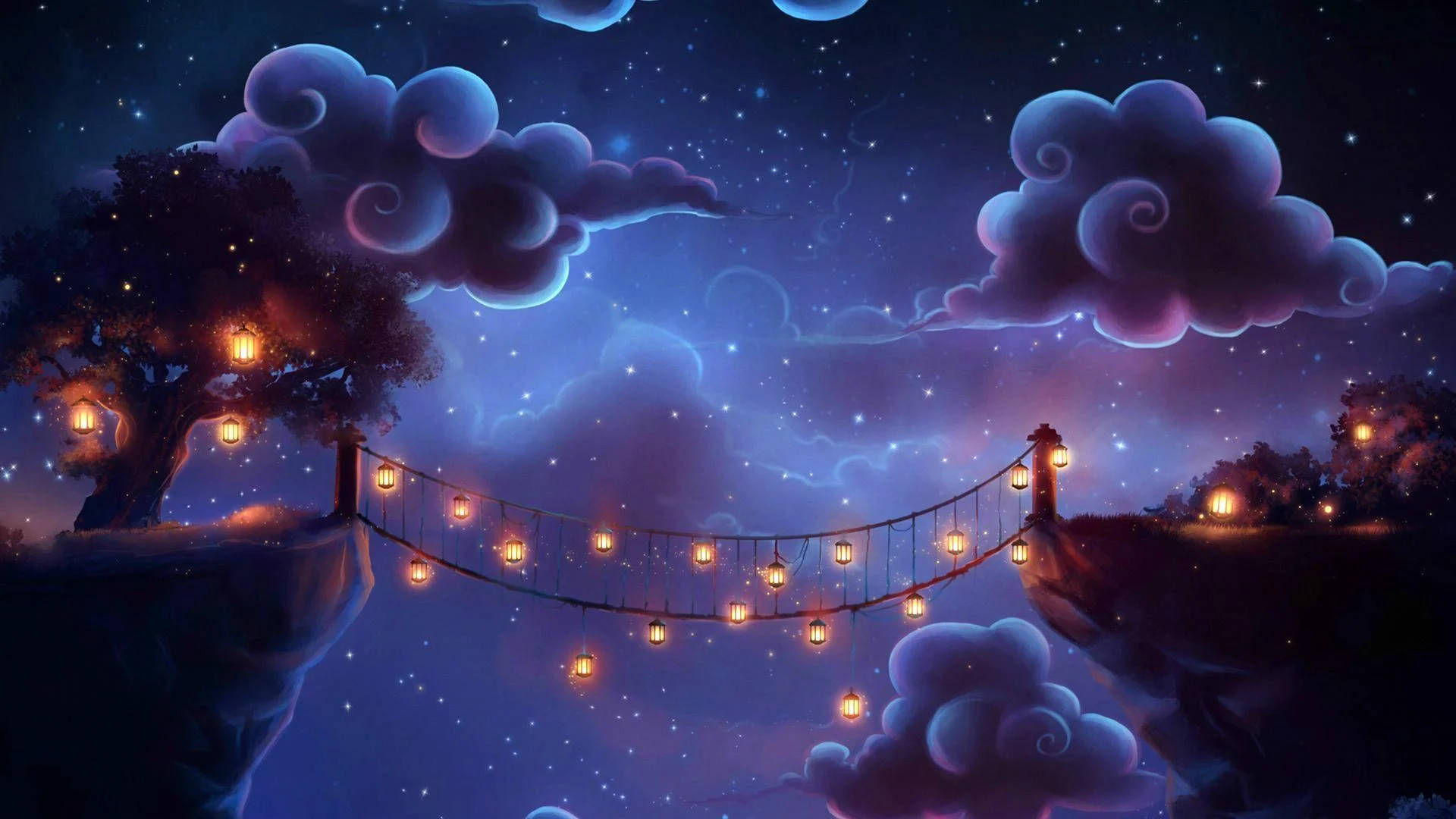 whimsical bridge, cliffside trees, starry purple night sky, Full HD Desktop Wallpaper