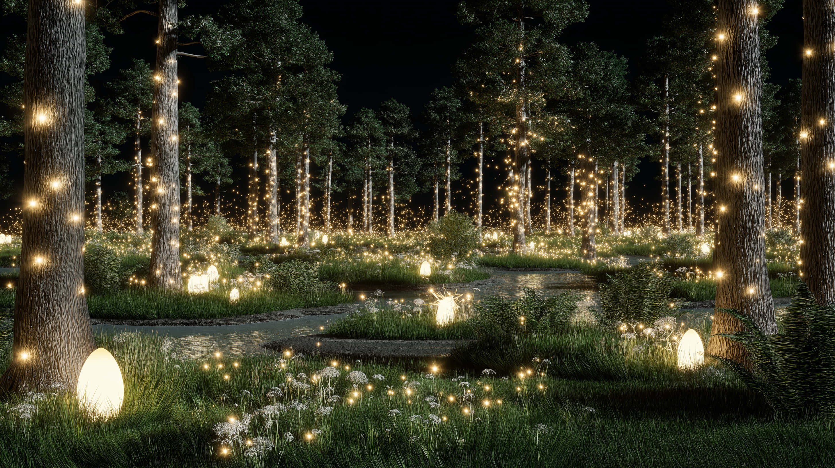 mystical forest, glowing lights, night, 2K Desktop Wallpaper