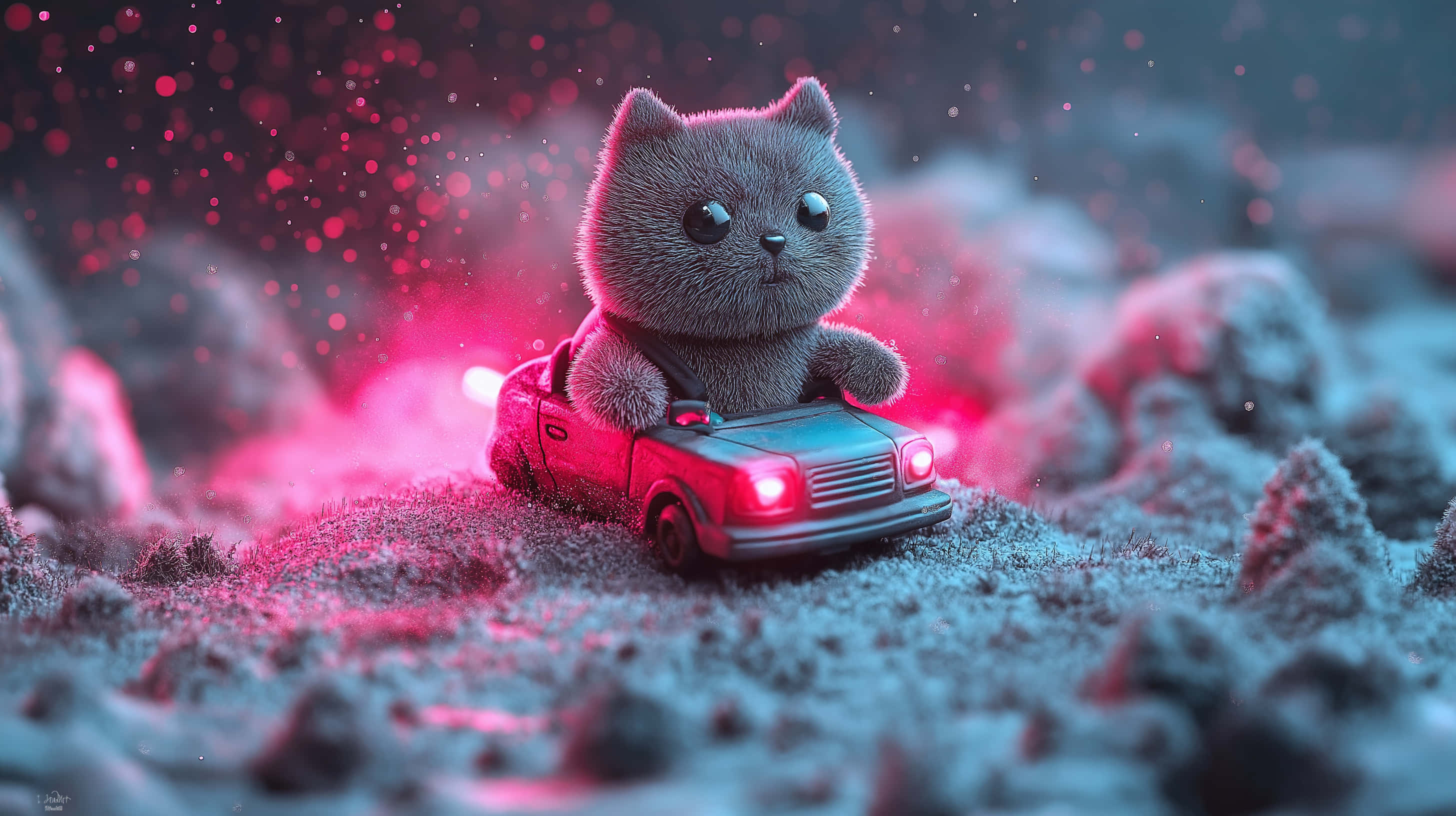fluffy gray cat, miniature car, snowy landscape, 2K Desktop Wallpaper