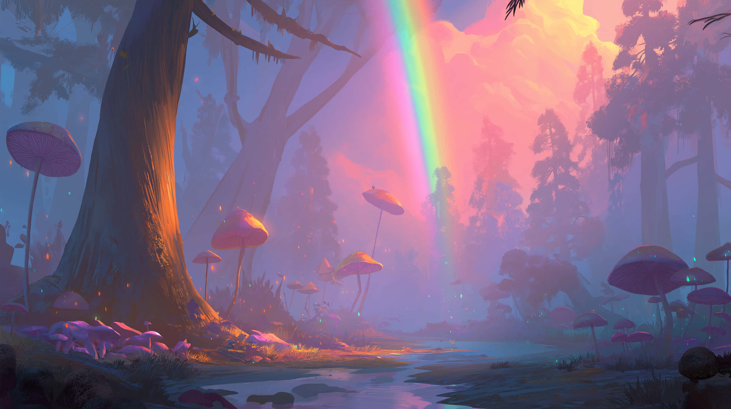 Dreamy Forest, radiant rainbow, fantastical fungi, 2K Desktop Wallpaper