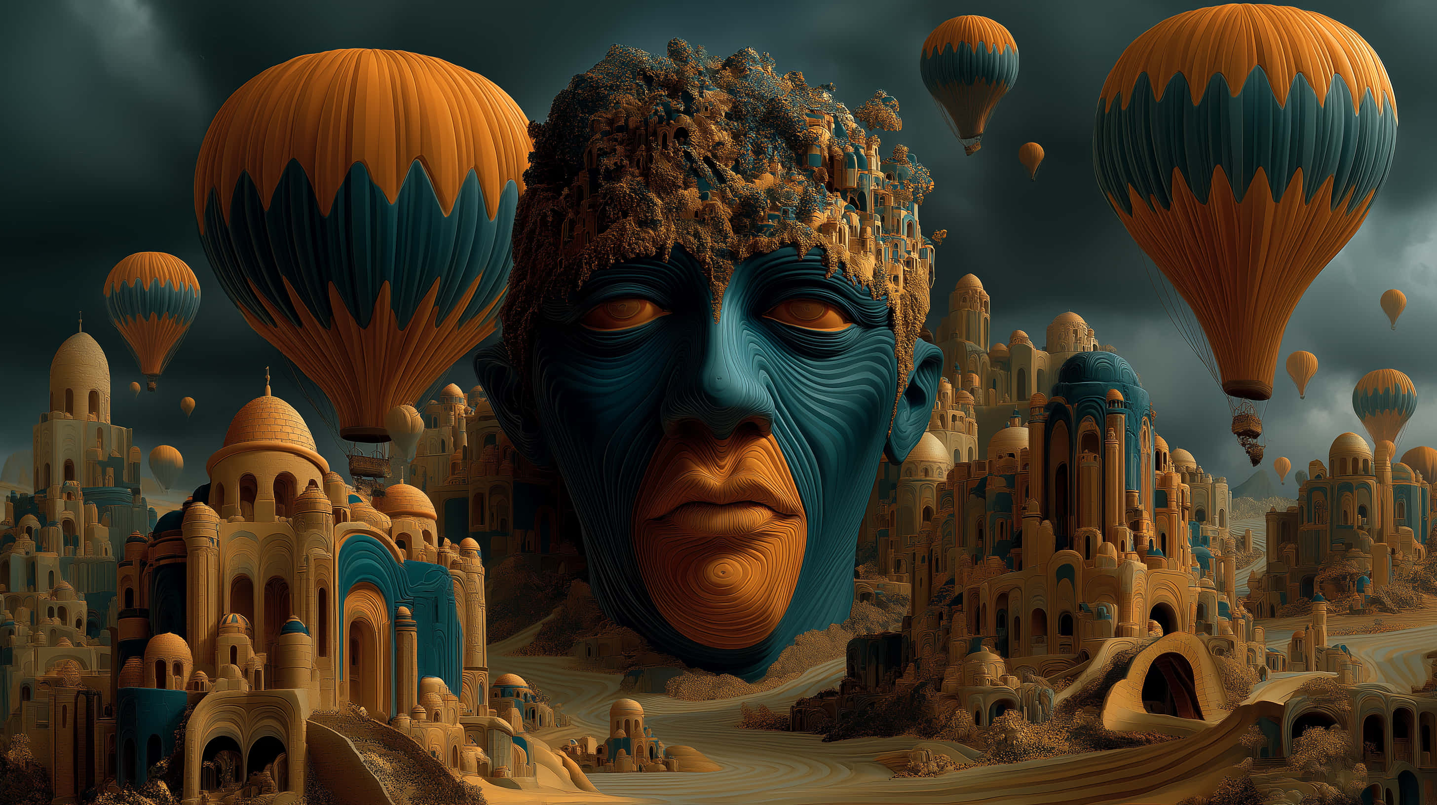 colossal blue and orange face, desert cityscape, hot air balloons, 2K Desktop Wallpaper