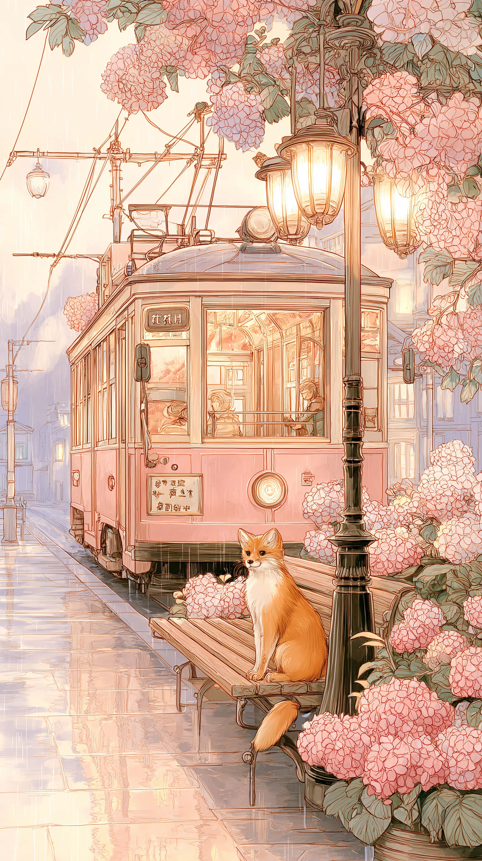 fox, tram stop, pink hydrangeas, 2K Phone Wallpaper