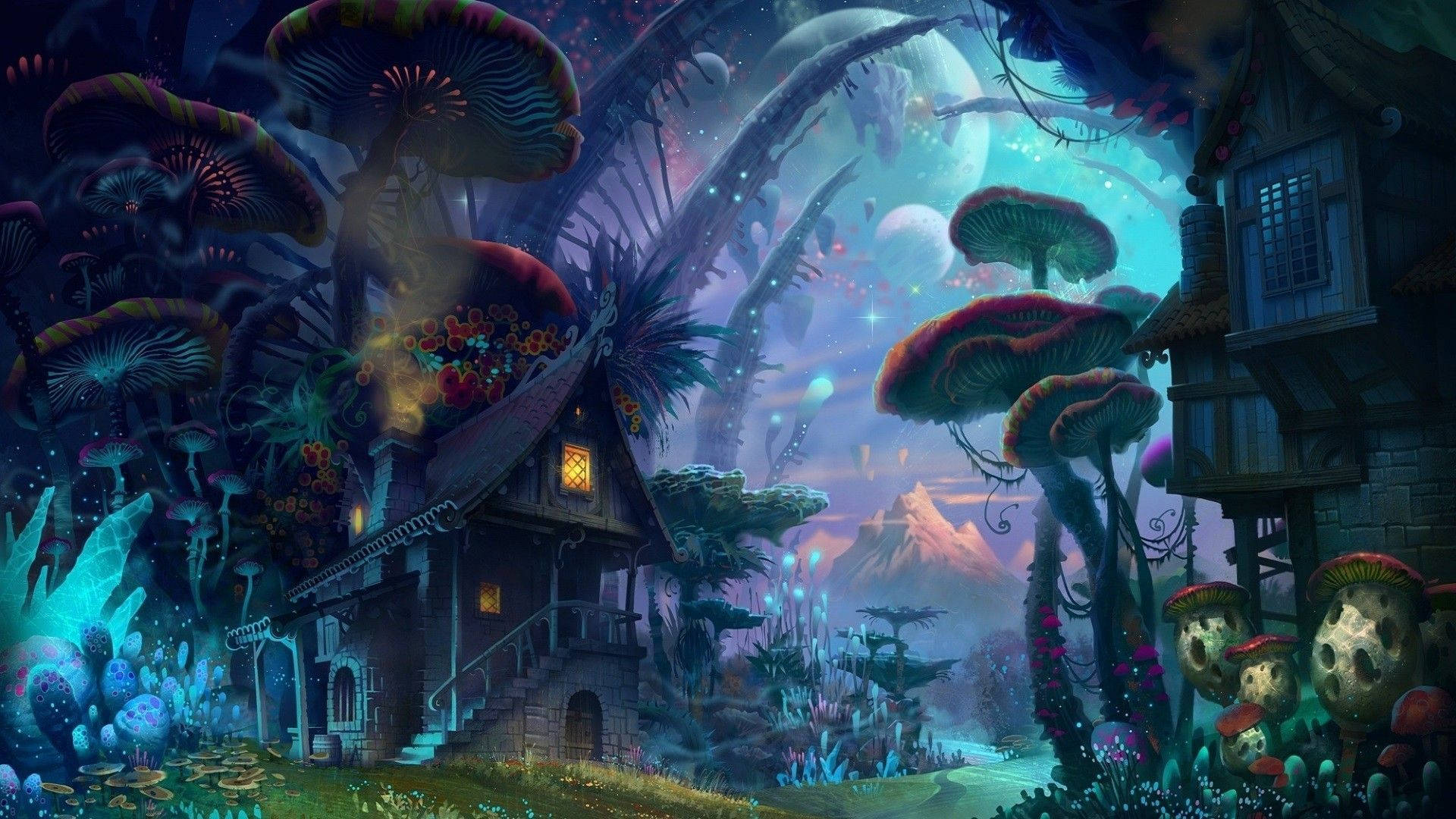 whimsical mushroom village, giant glowing mushrooms, starry alien sky, Full HD Desktop Wallpaper