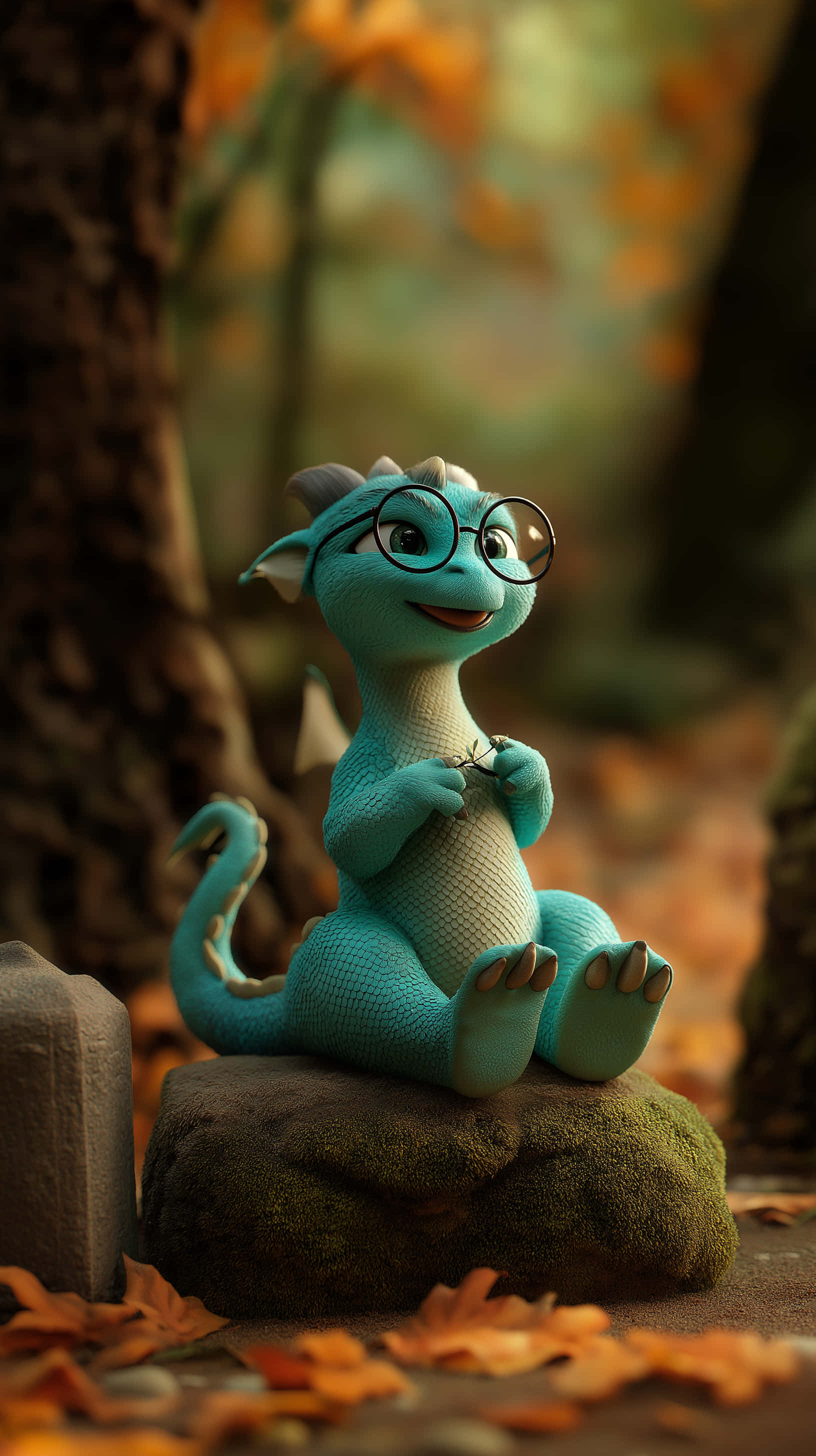 turquoise dragon, round glasses, mossy rock, 2K Phone Wallpaper
