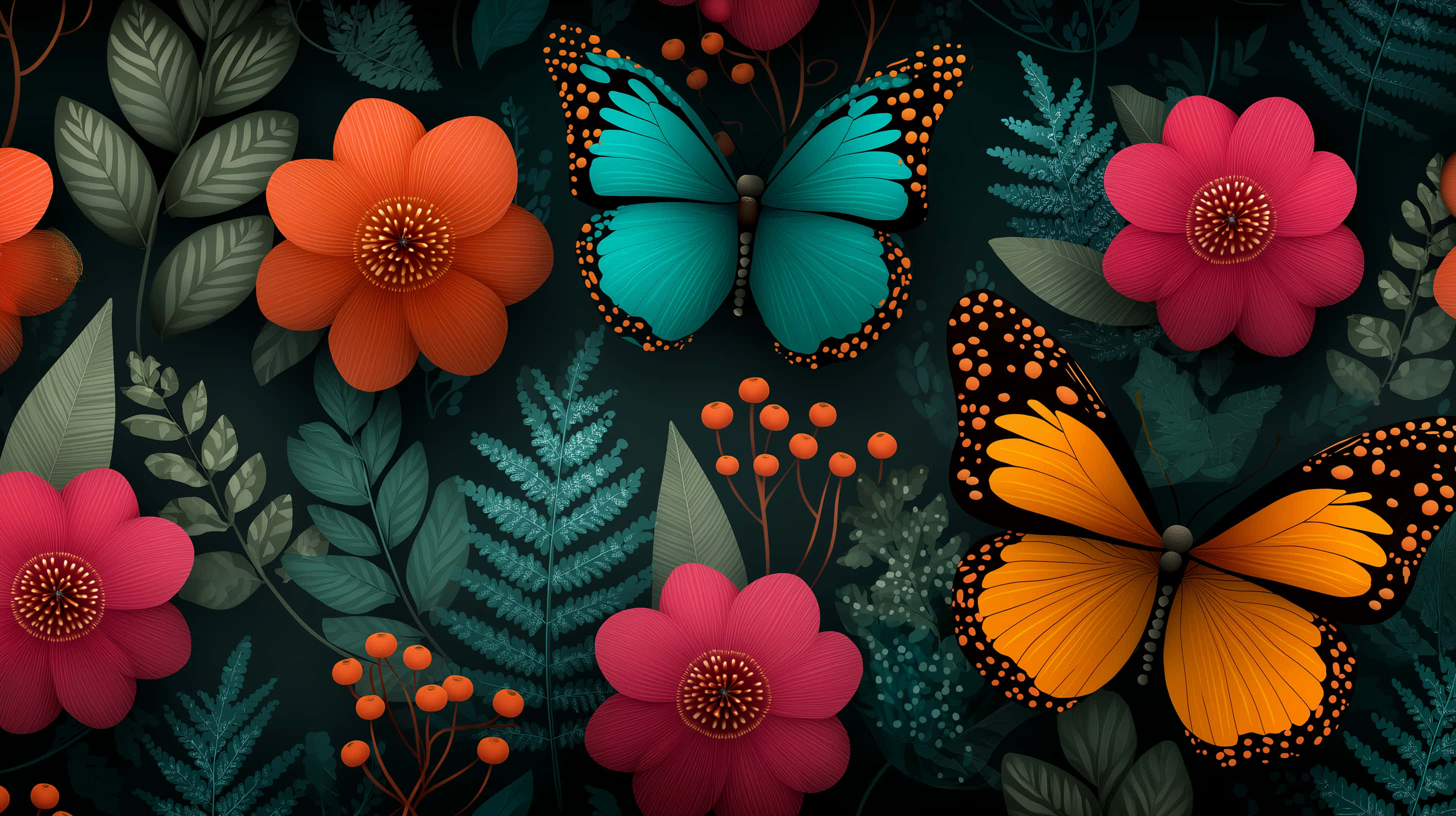 orange pink, teal, butterflies, 2K Desktop Wallpaper