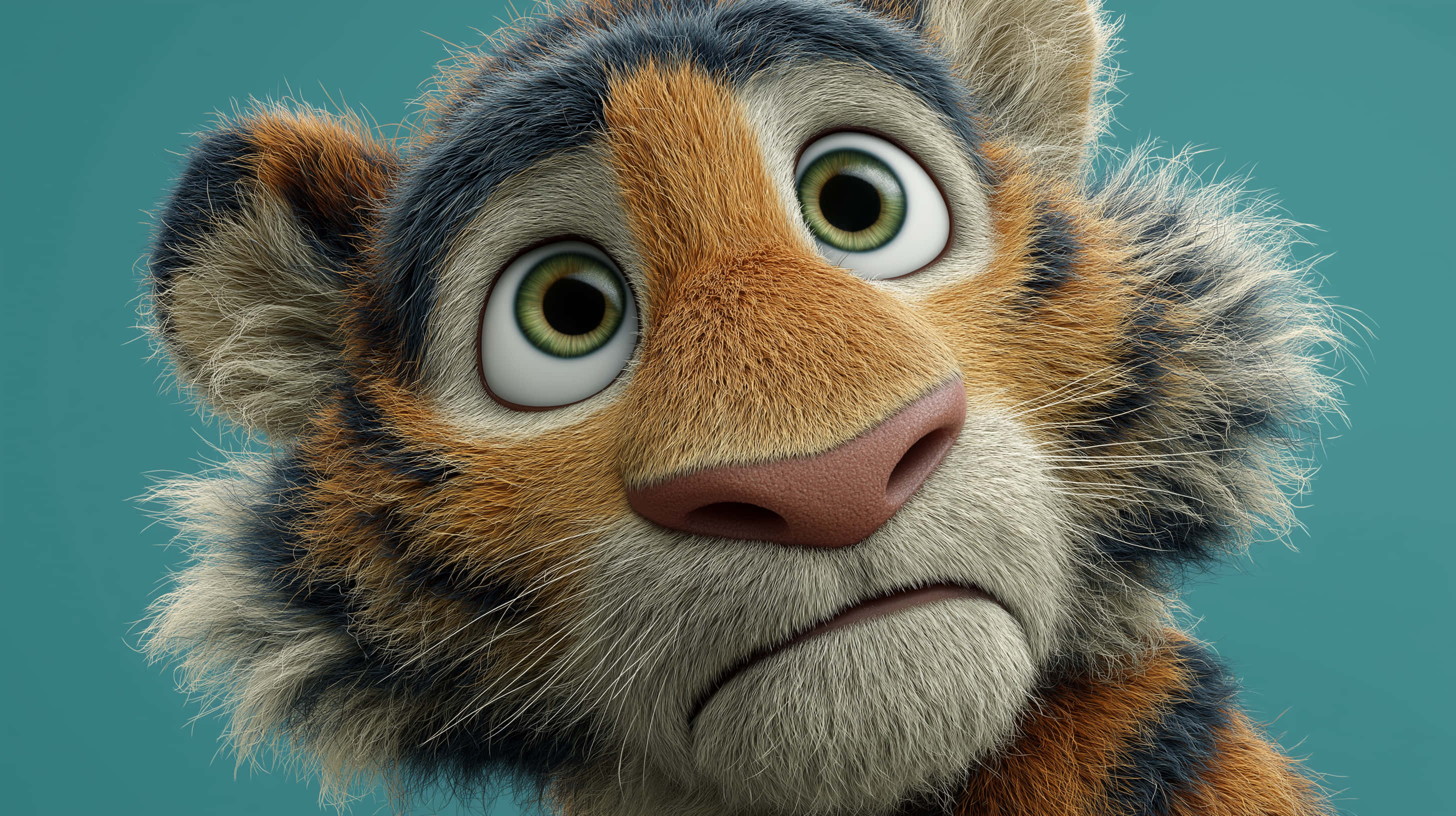 fluffy tiger cub, cartoon tiger cub, wide green eyes, 2K Desktop Wallpaper