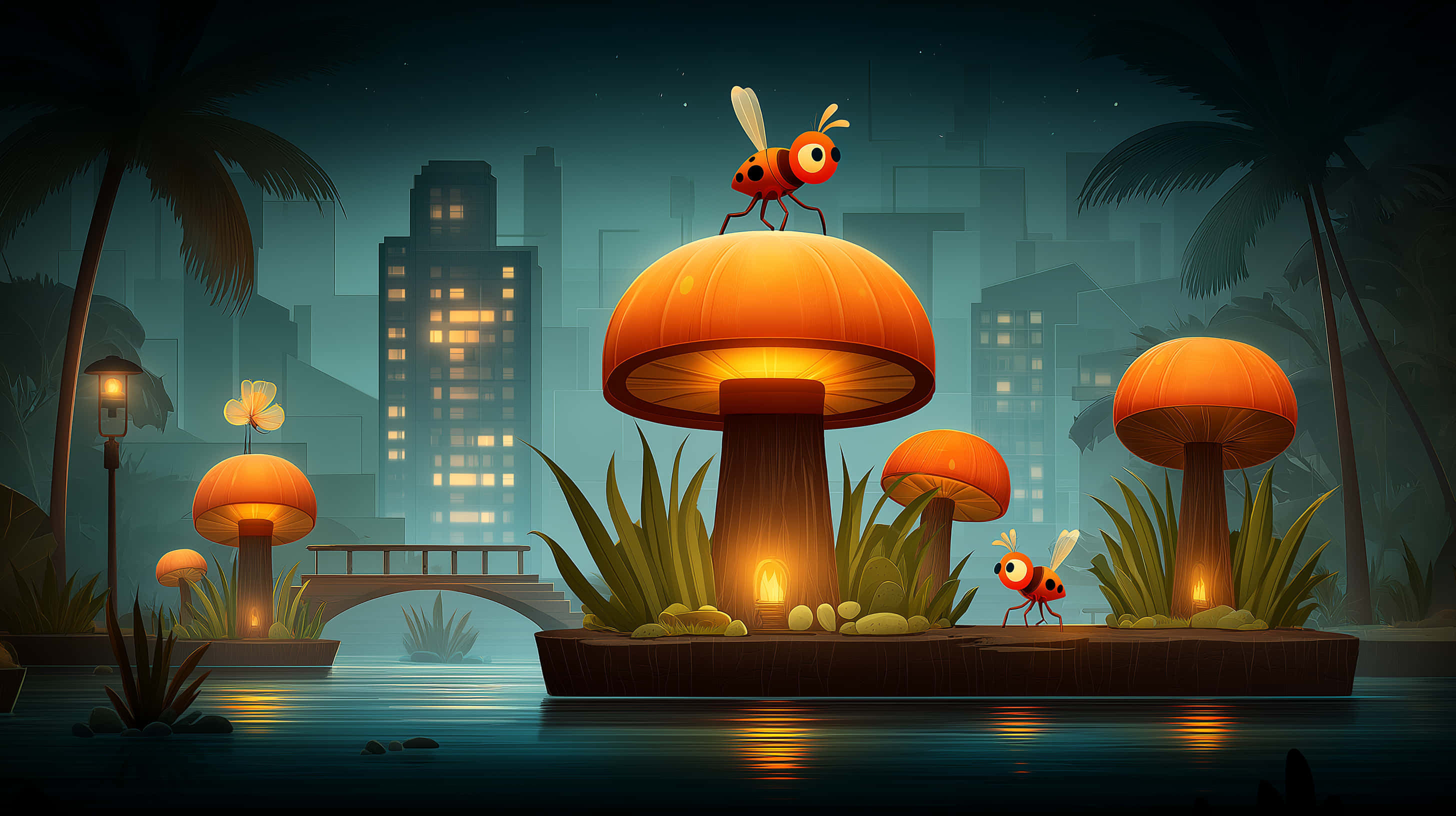 glowing orange mushrooms, water, bridge, 2K Desktop Wallpaper