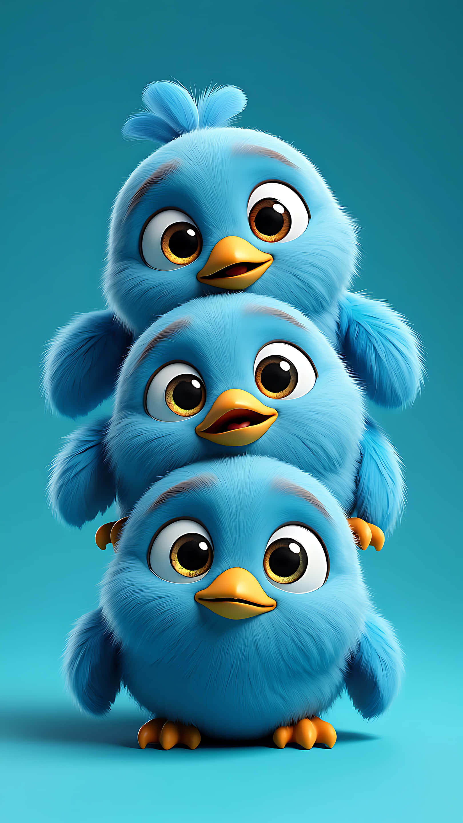 blue cartoon birds, big golden eyes, stacked vertically, 2K Phone Wallpaper