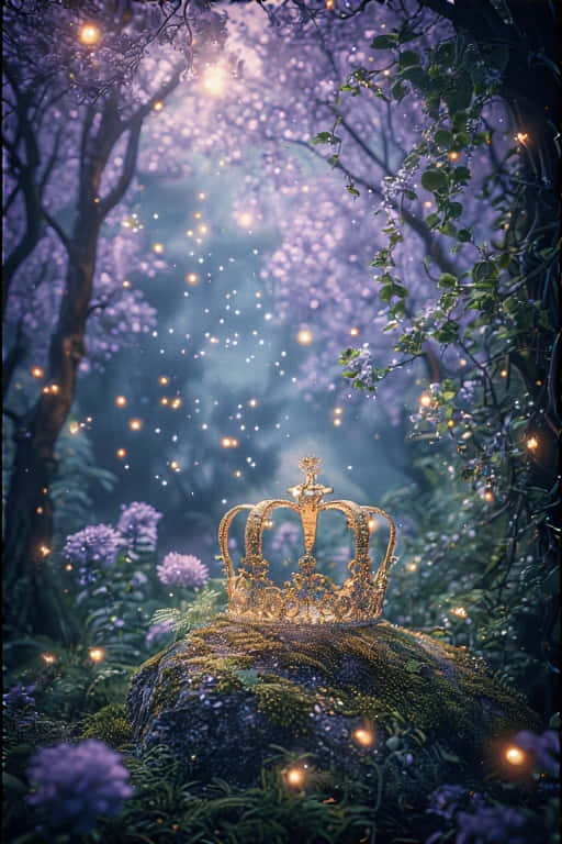 golden crown, mossy rock, mystical forest, SD Phone Wallpaper
