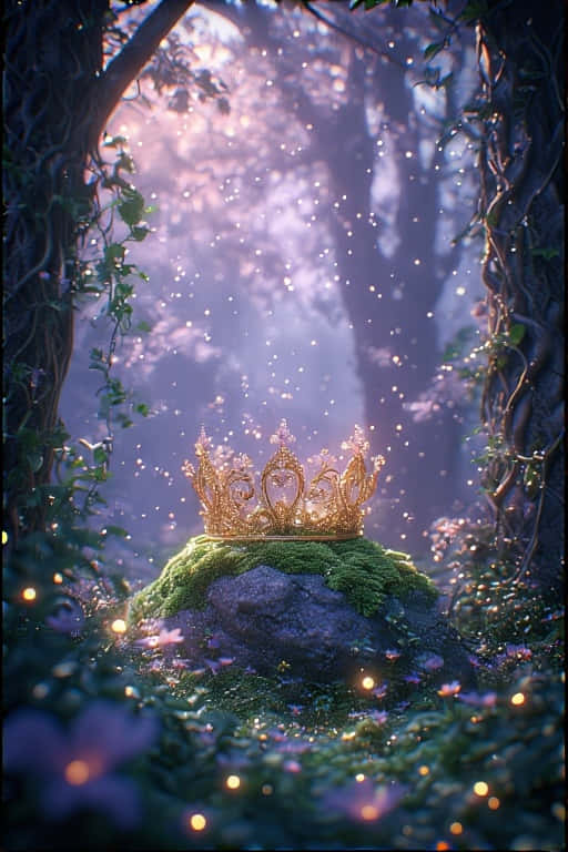 golden crown, mossy stone, mystical forest, SD Phone Wallpaper