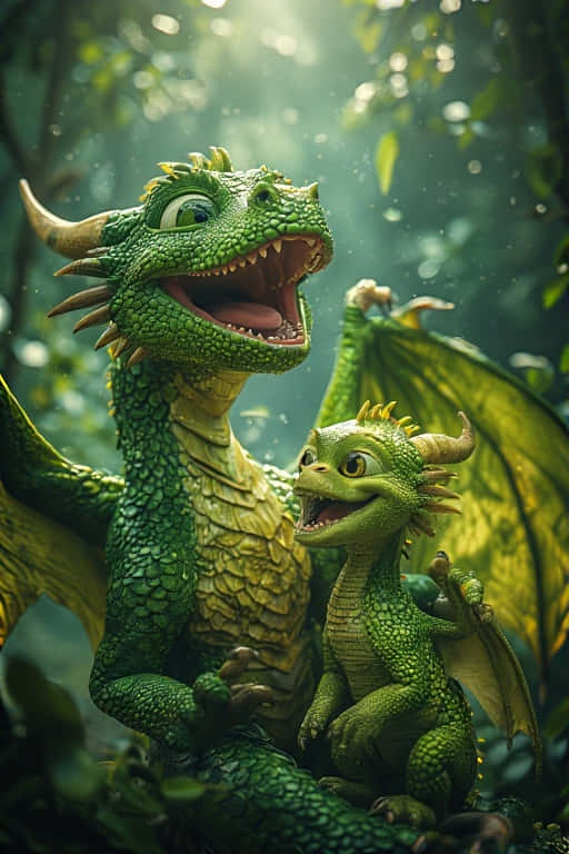 baby lime dragons, vibrant dragon wings, sunlit forest, SD Phone Wallpaper