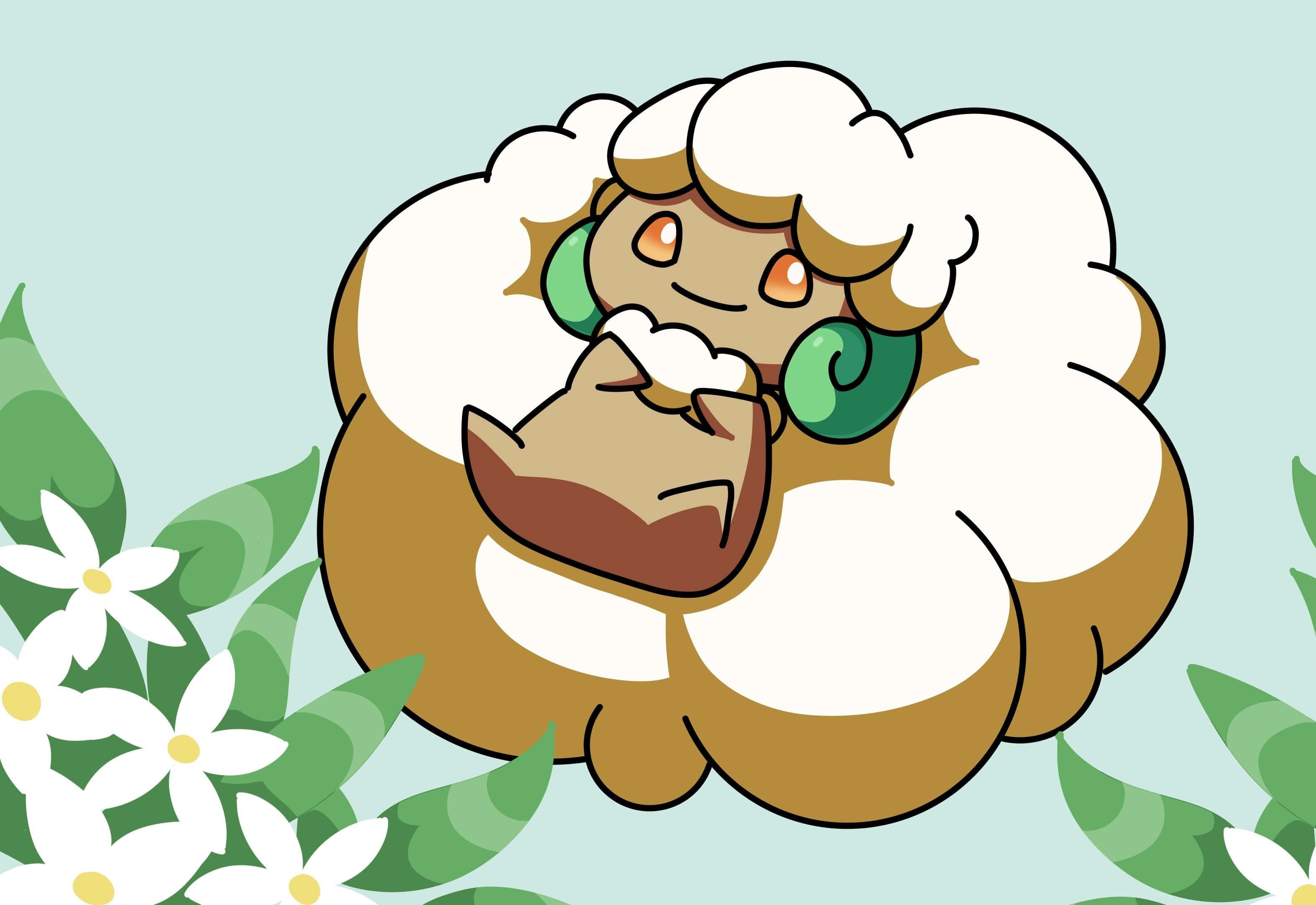 Whimsicott, fluffy white wool, green glasses, 2K Desktop Wallpaper