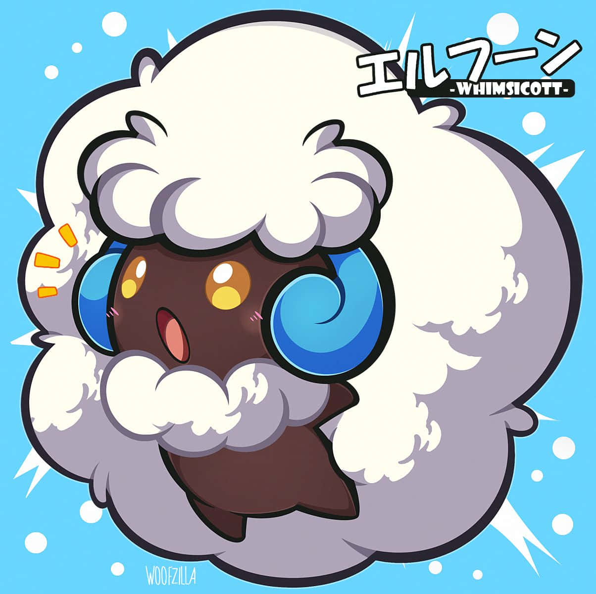 Whimsicott, fluffy white wool, blue spiral horns, SD Desktop Wallpaper
