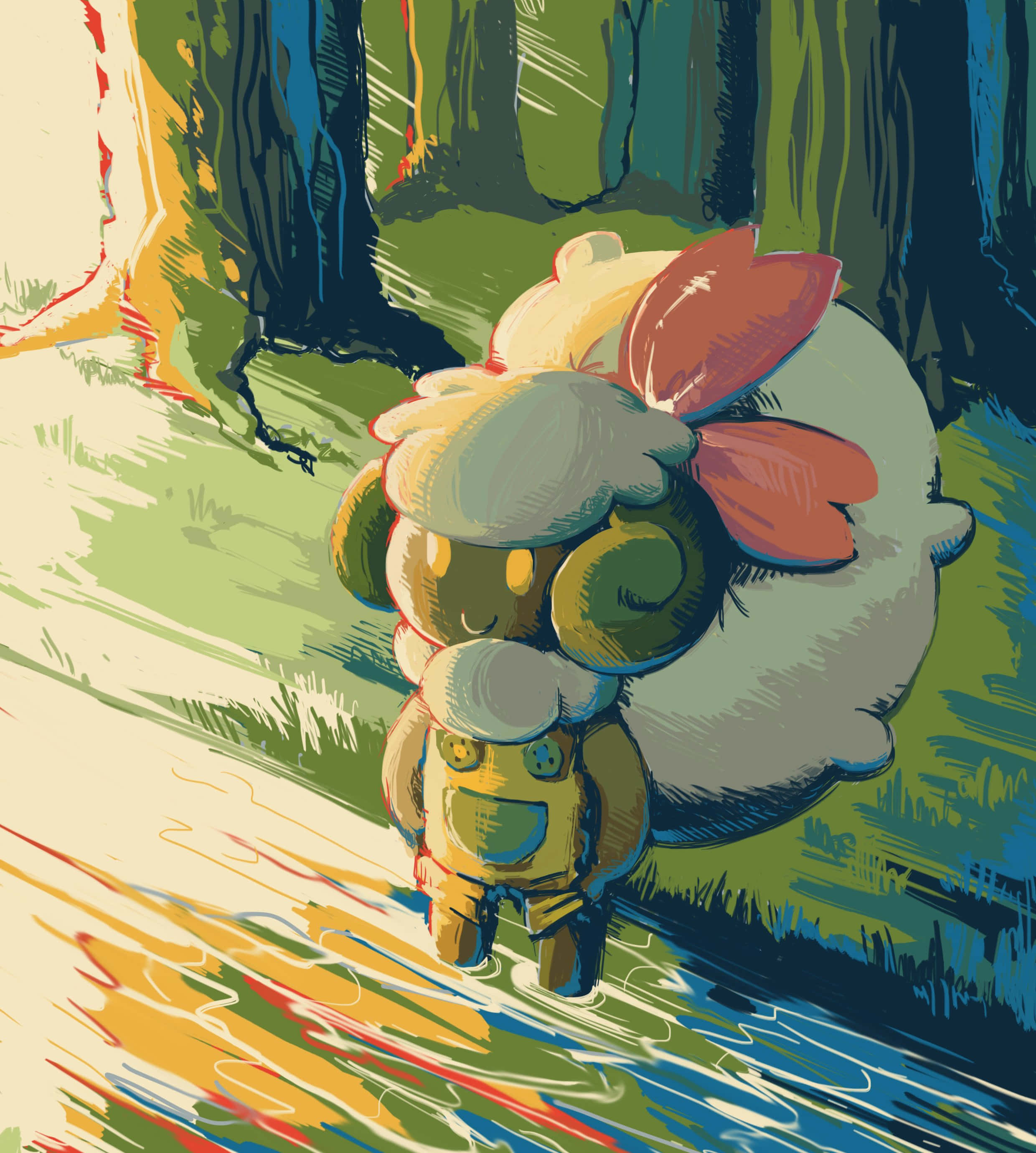 Whimsicott, red bow, colorful forest path, 2K Phone Wallpaper