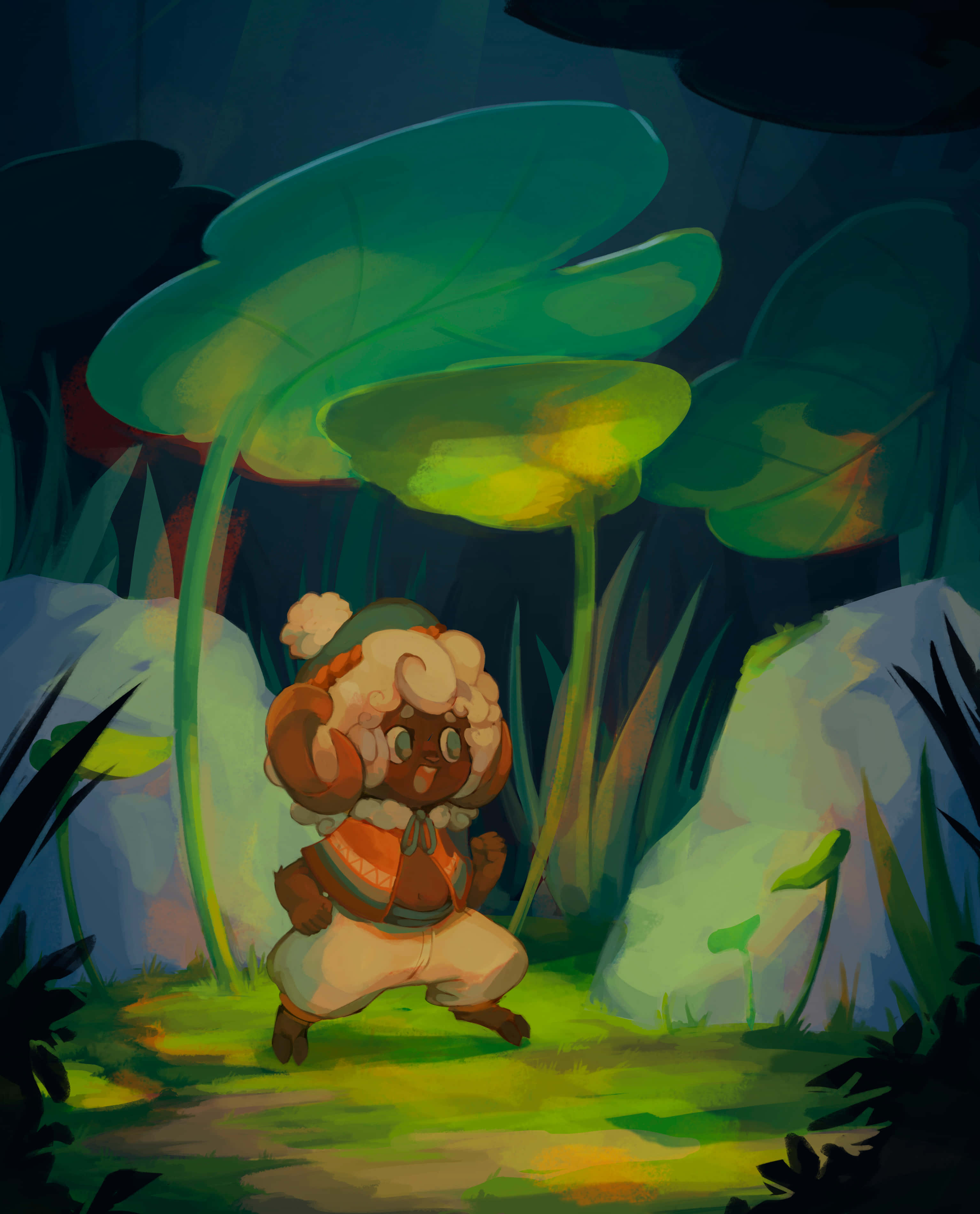 Whimsicott, forest glade, glowing green leaves, 2K Phone Wallpaper