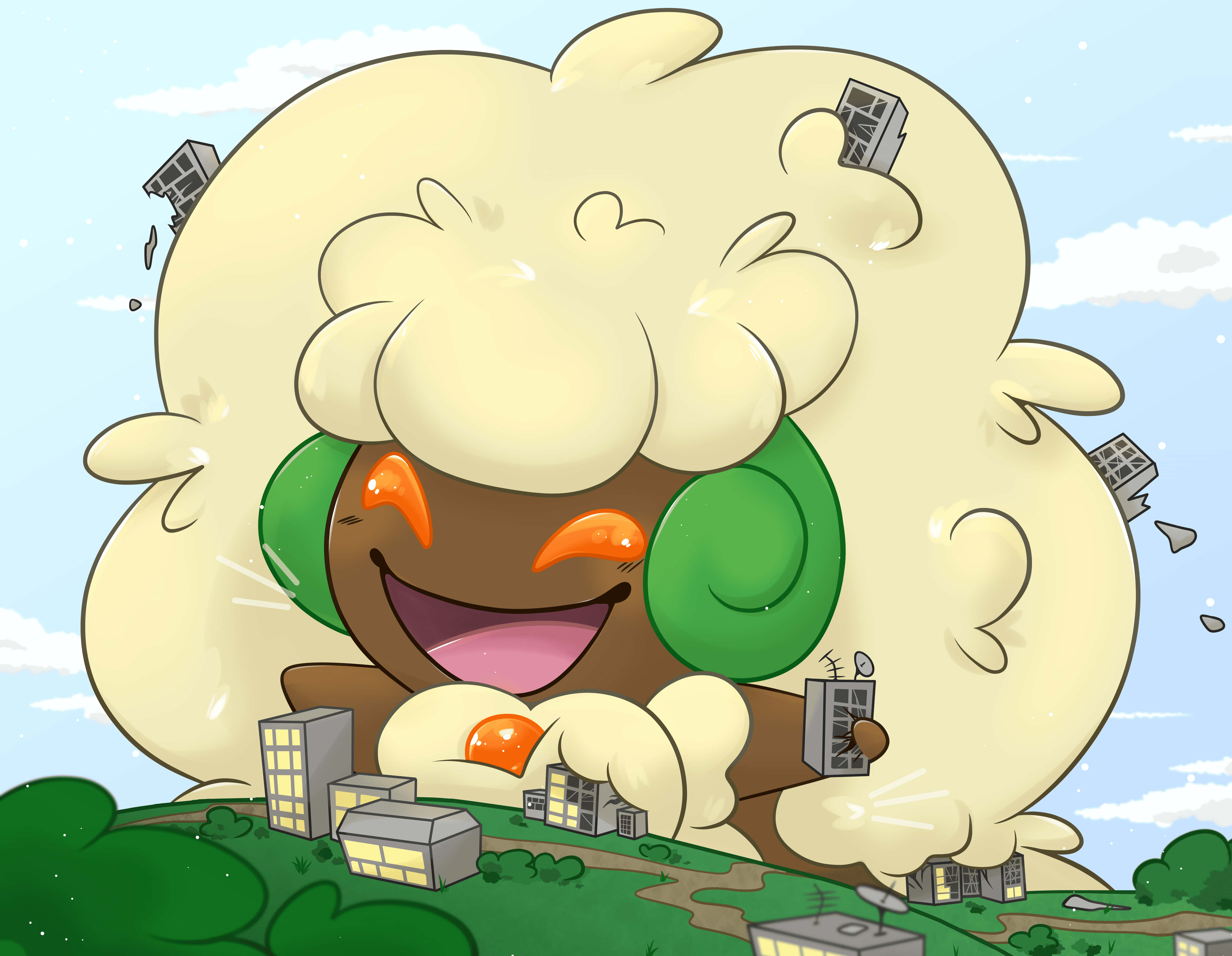 Whimsicott, green ears, orange eyes, 4K Desktop Wallpaper