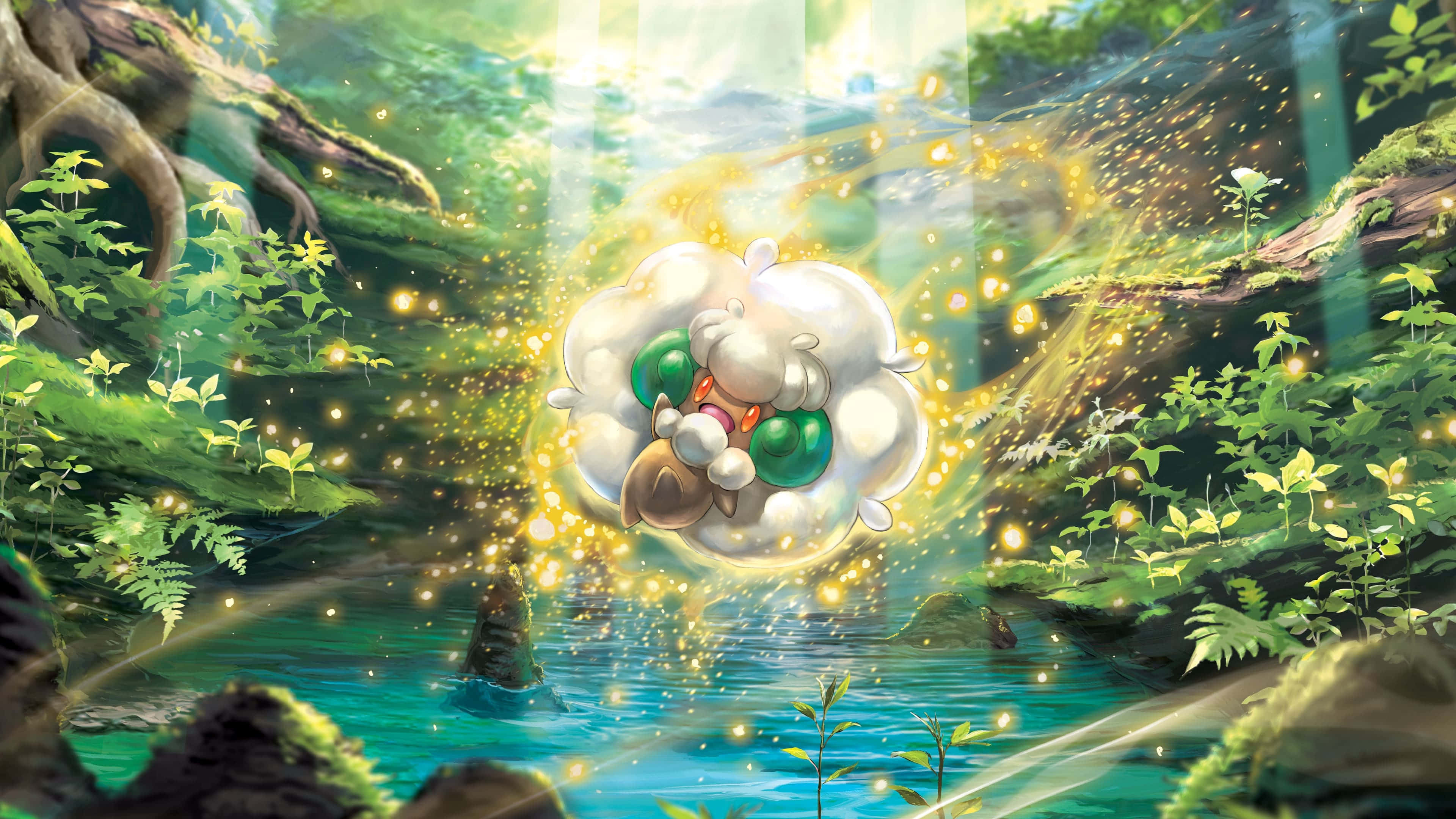 Whimsicott, forest pond, glowing forest stream, 4K Desktop Wallpaper