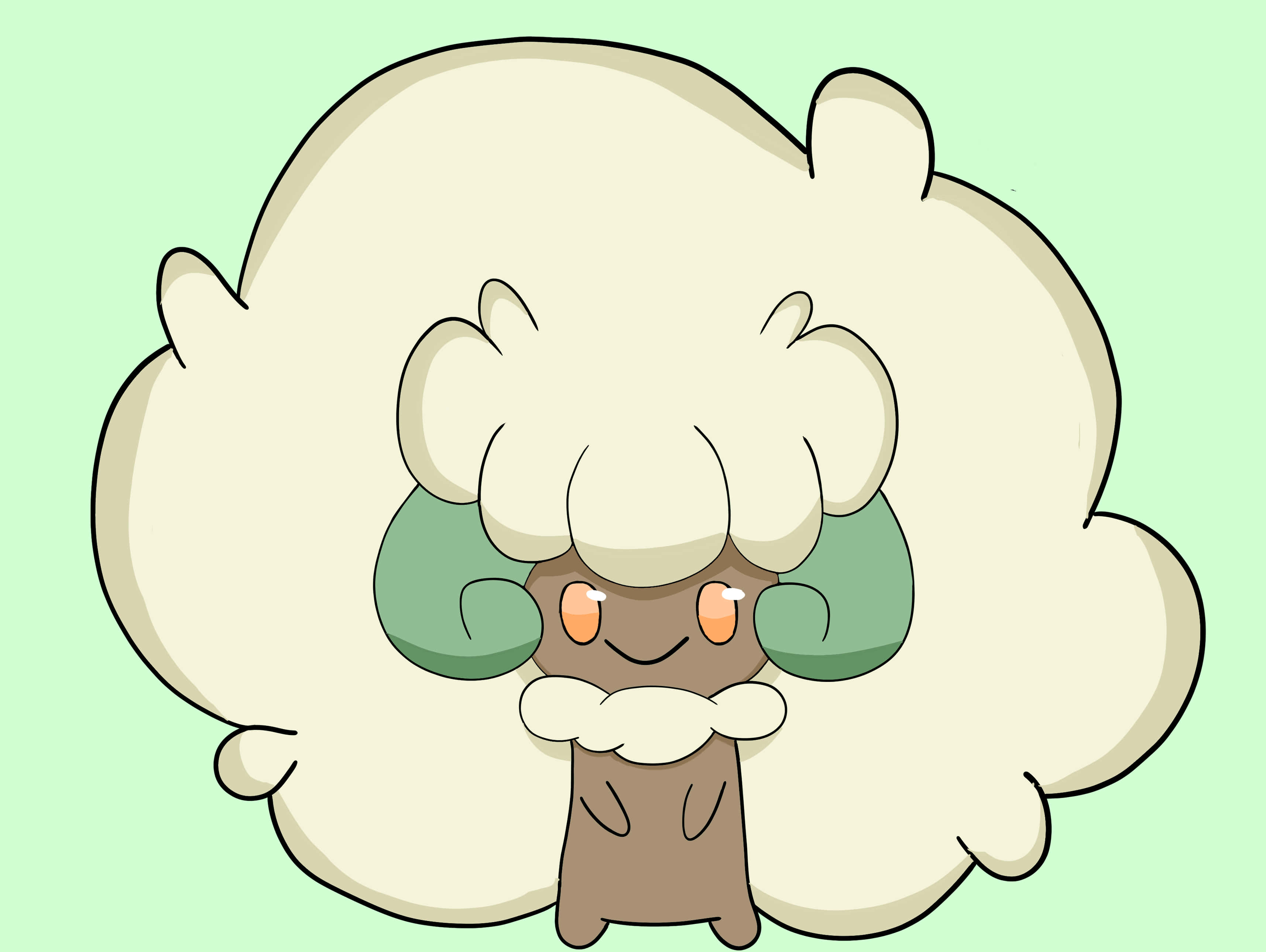 Whimsicott, green leaf ears, orange eyes, 2K Desktop Wallpaper
