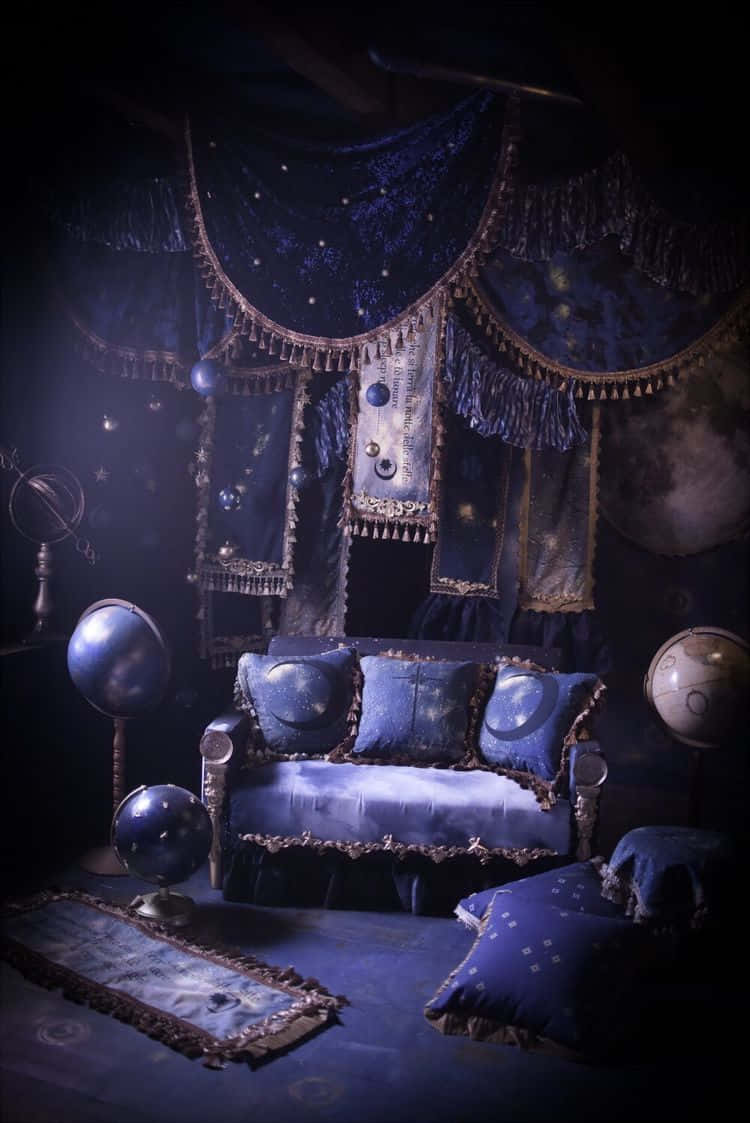 Whimsigoth, velvet sofa, celestial-themed drapes, SD Phone Wallpaper