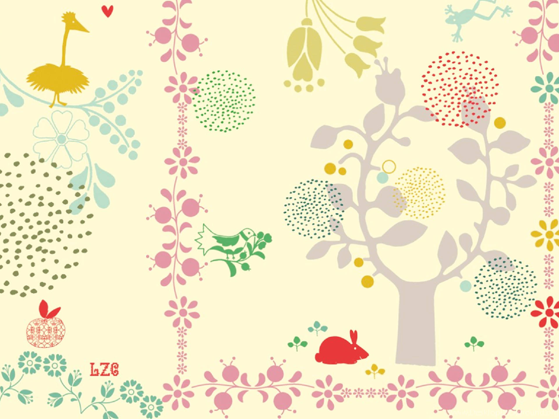 whimsical illustrated wallpaper, stylized trees birds and flowers, pastel colors, Full HD Desktop Wallpaper