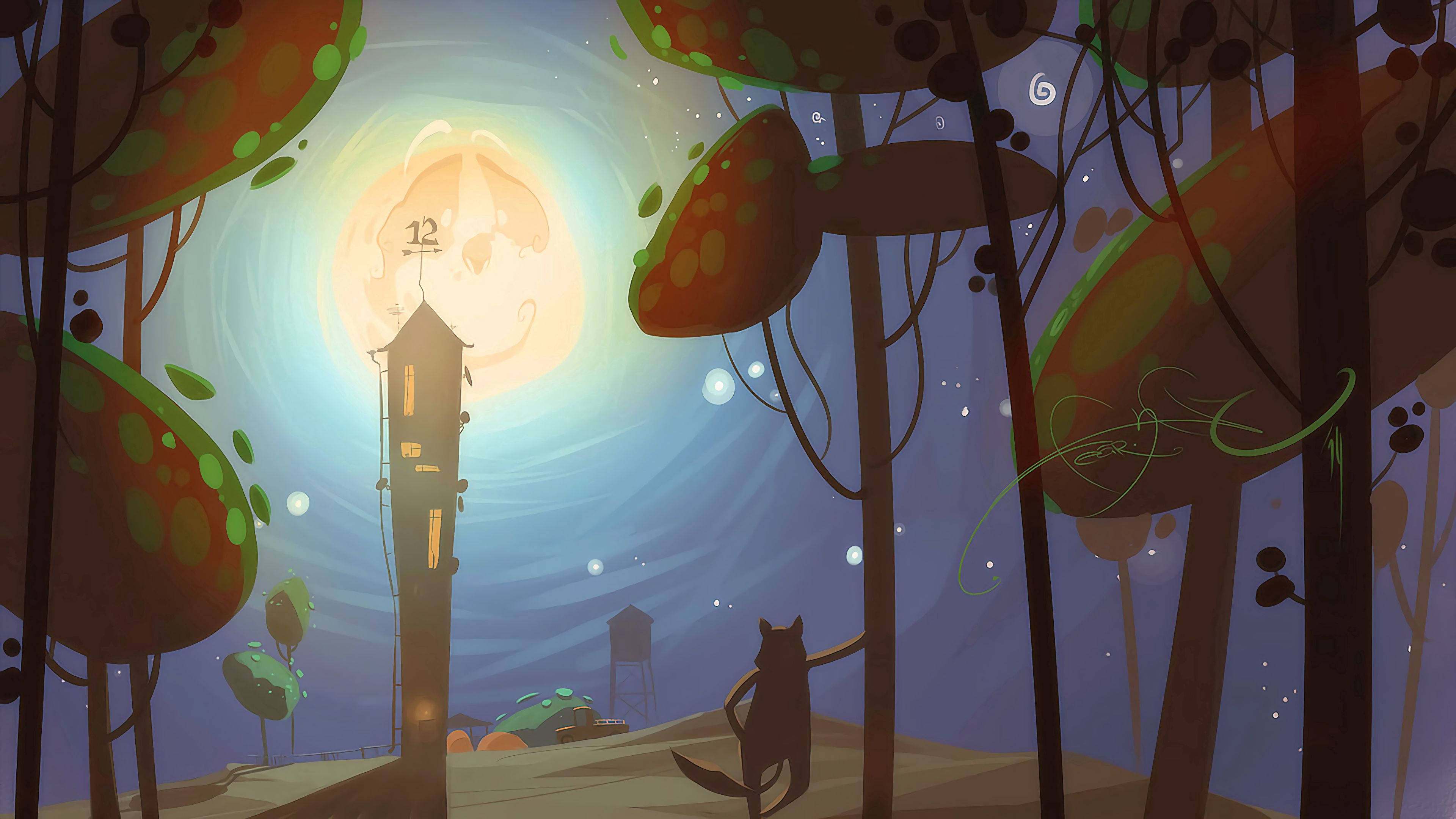 glowing clock tower, swirling moonlit sky, stylized trees, 4K Desktop Wallpaper