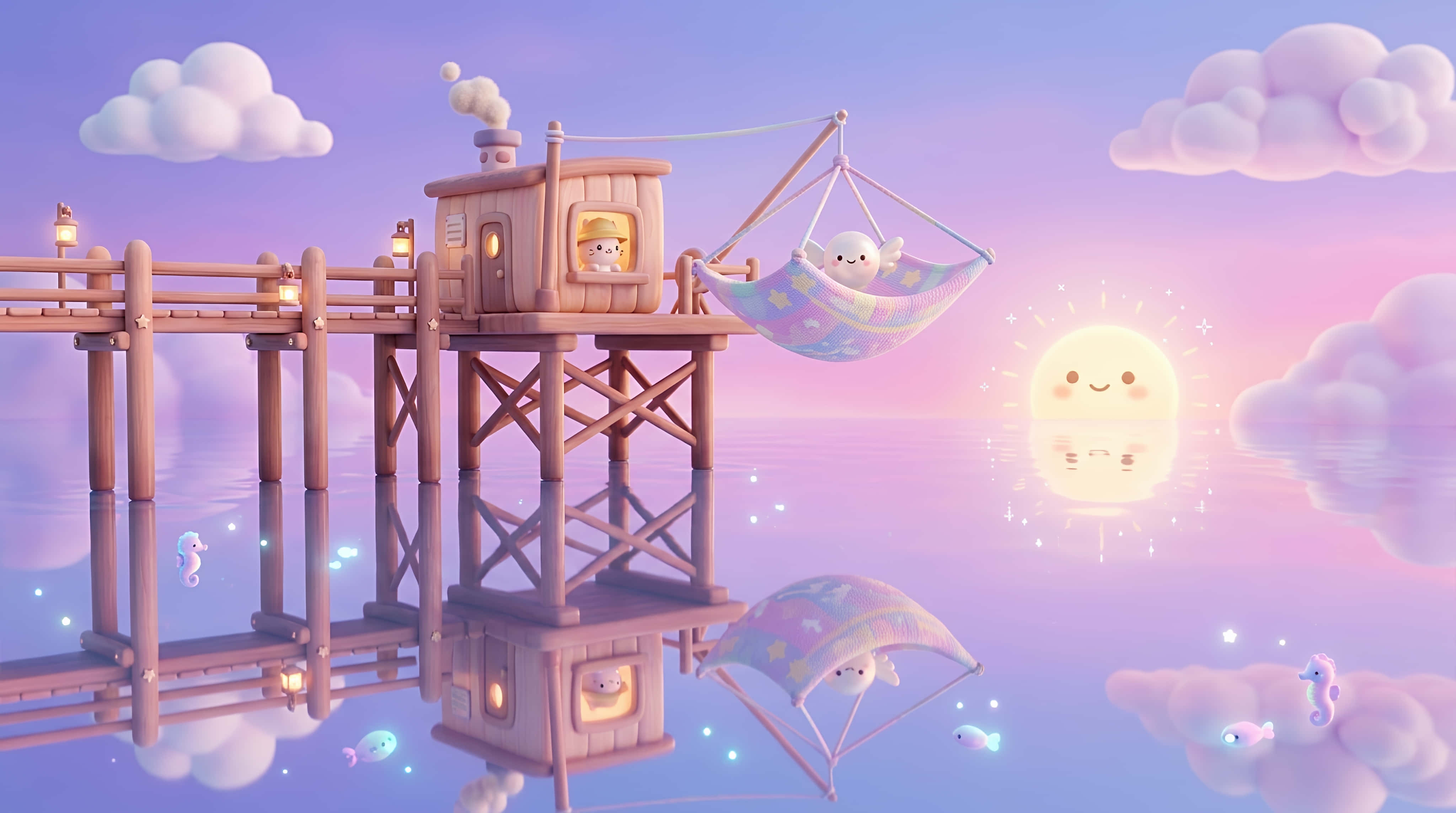 whimsical stilt house, dreamy sea, sunset, 4K Desktop Wallpaper