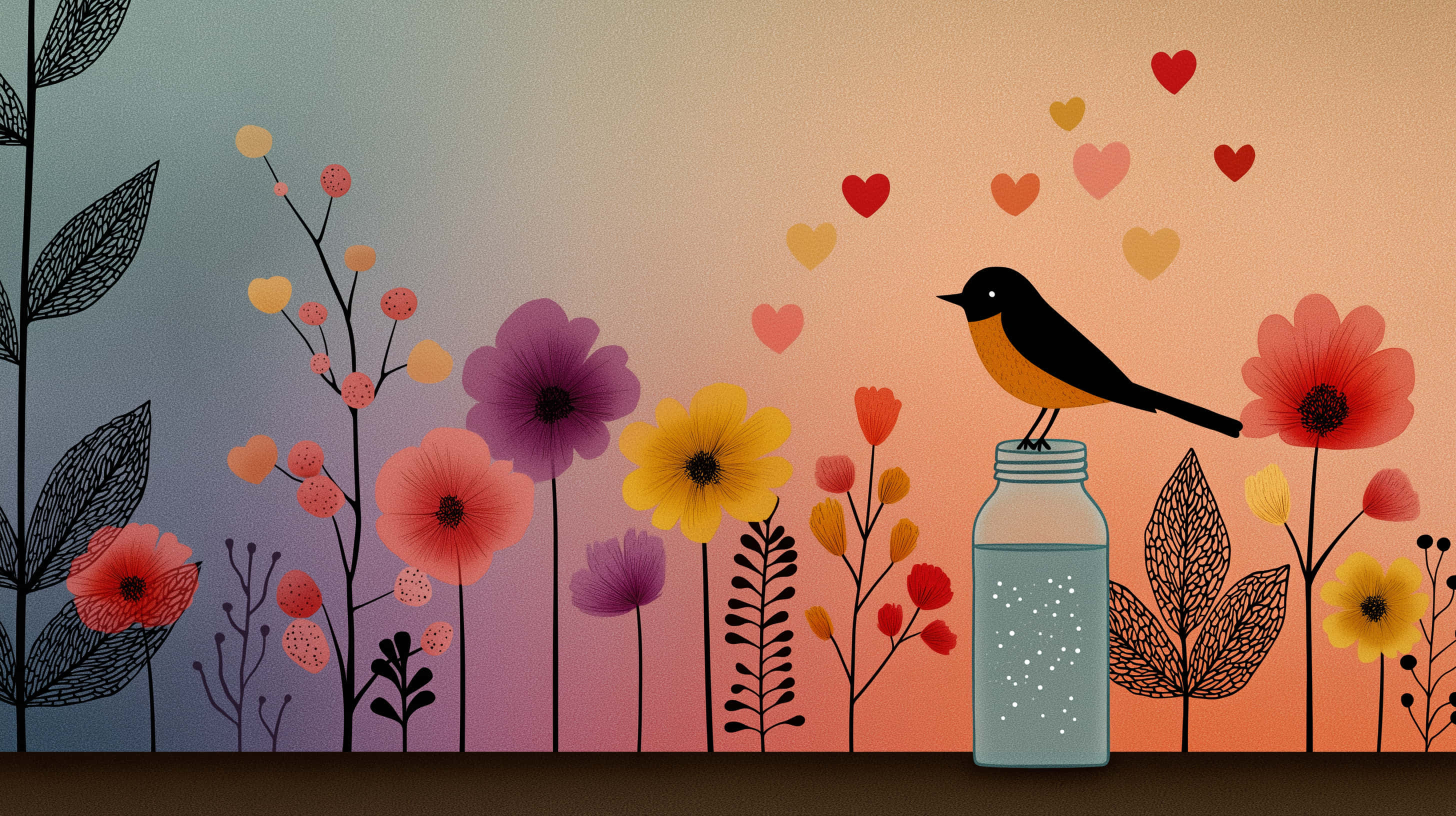 stylized bird, glass jar, colorful flowers, 2K Desktop Wallpaper