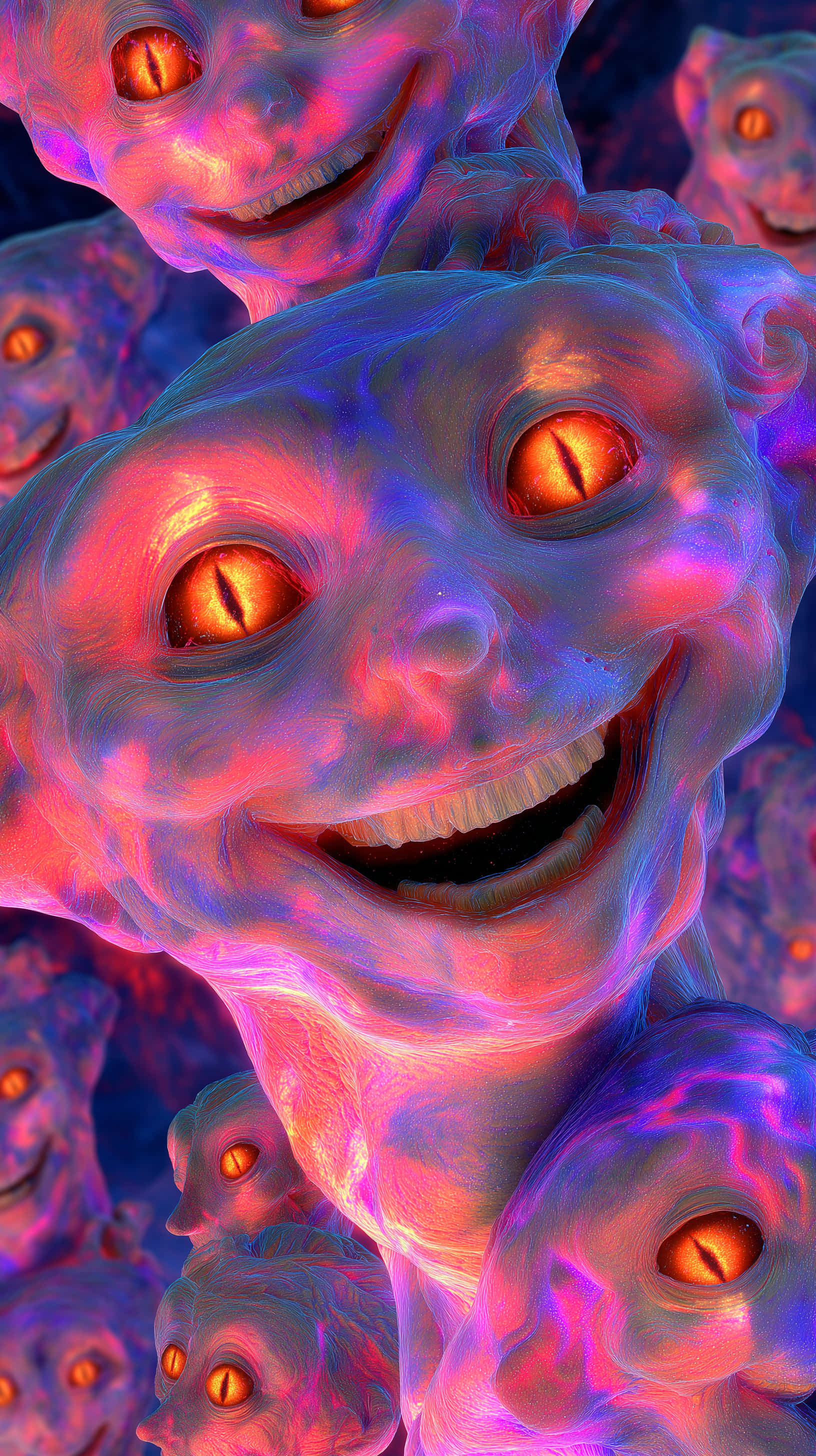 neon pink and blue light, glowing alien faces, orange eyes, 2K Phone Wallpaper