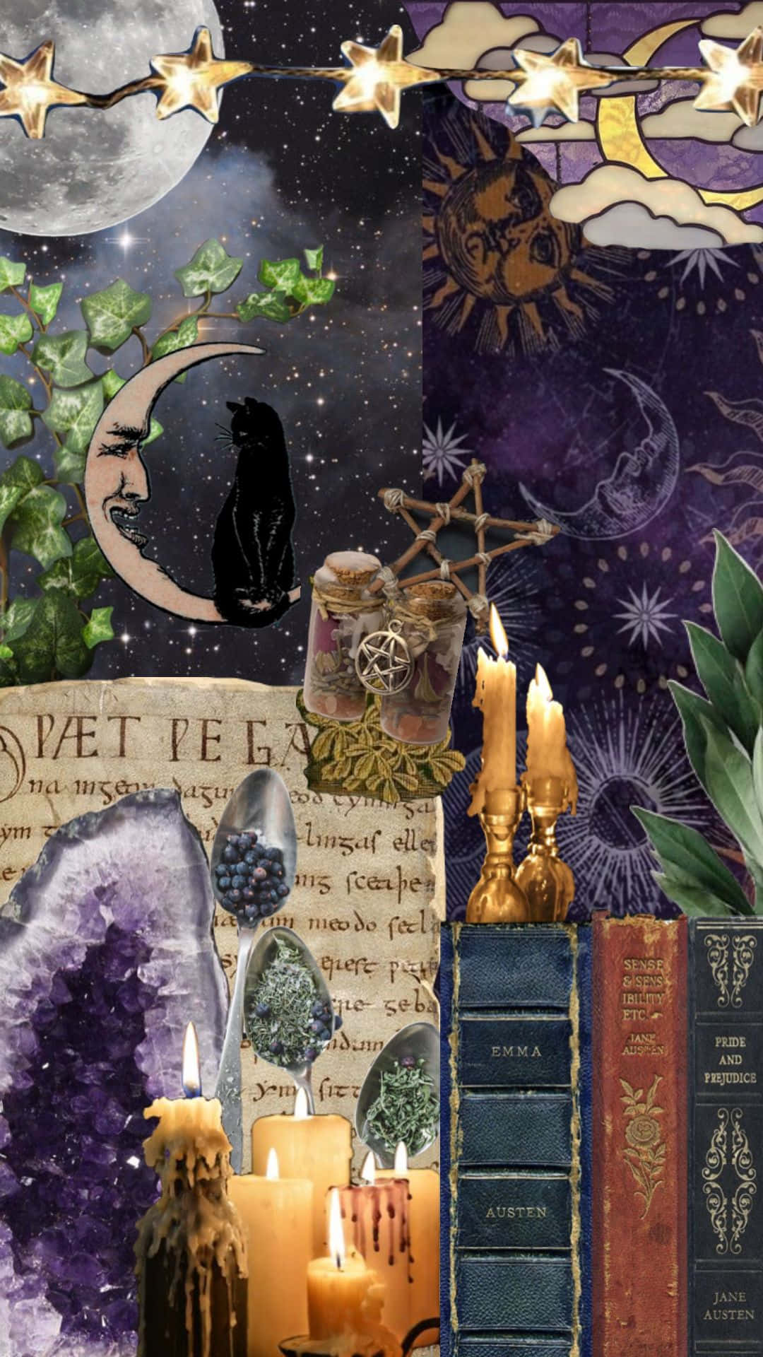 Whimsigoth Aesthetic, black cat, crescent moon, Full HD Phone Wallpaper