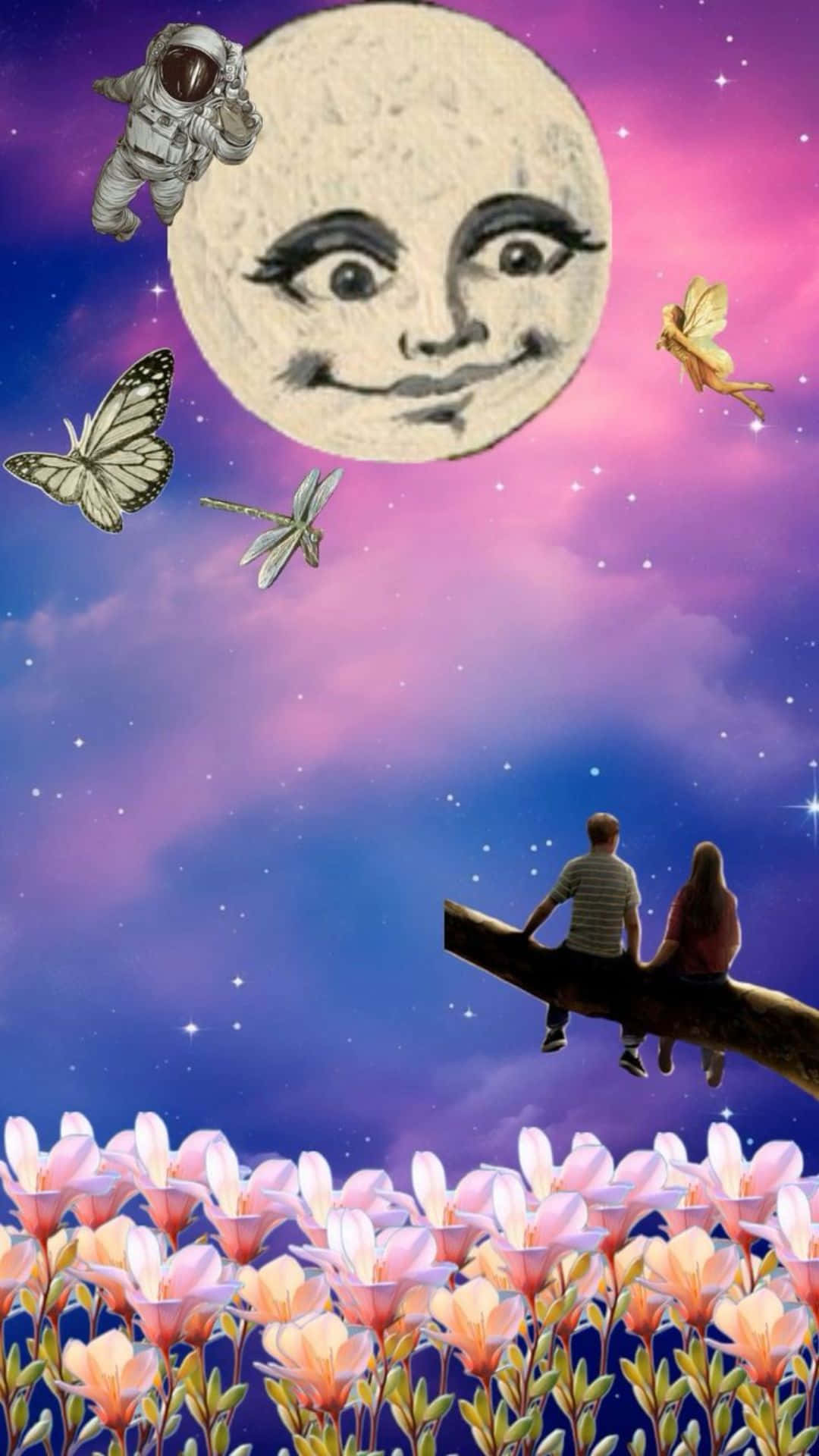 Whimsigoth, moonlit loversand astronaut, pink flowers, Full HD Phone Wallpaper