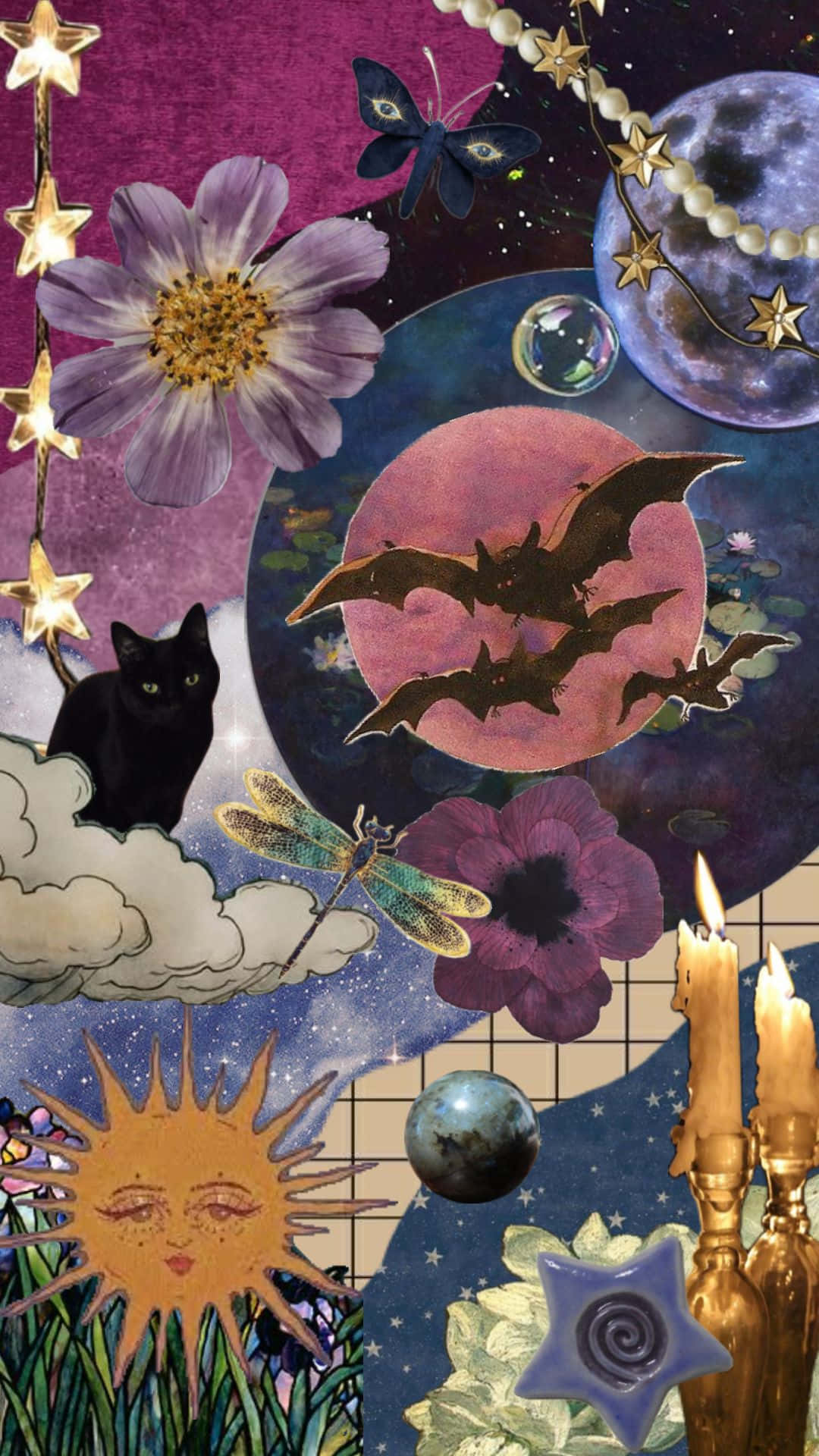 Whimsigoth, black cat, bats, Full HD Phone Wallpaper