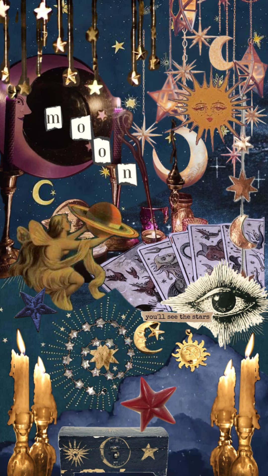 Whimsigoth Cosmic Collage, tarot cards, candles, Full HD Phone Wallpaper