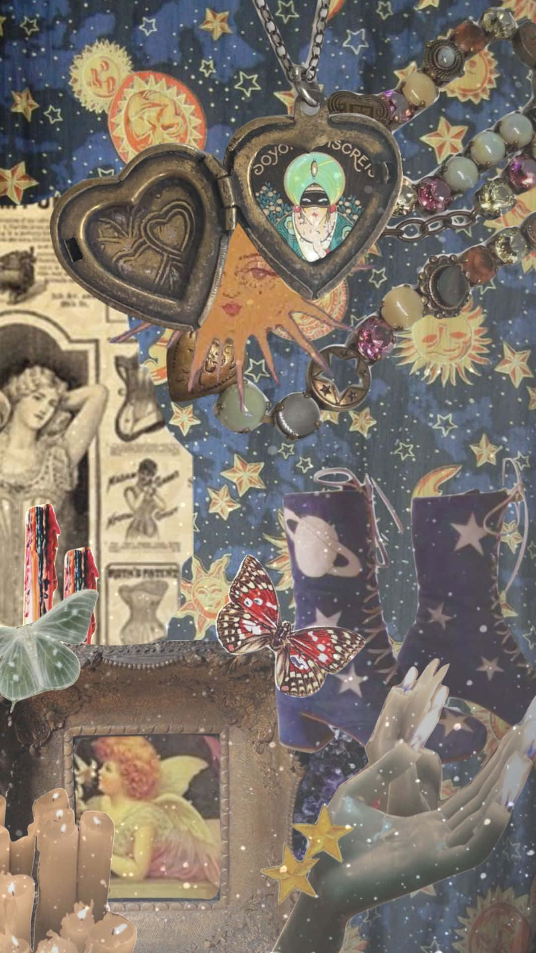 Whimsigoth Collage Aesthetic, celestial motifs, vintage jewelry, Full HD Phone Wallpaper