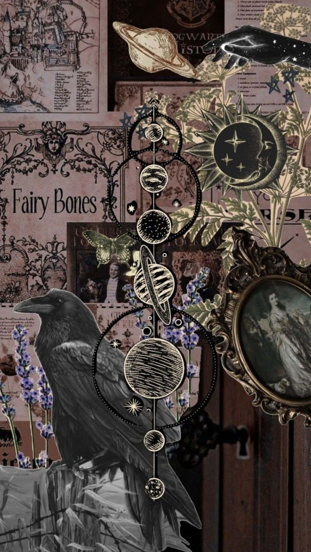 Whimsigoth Collage Aesthetic, crow, celestial spheres, HD Phone Wallpaper