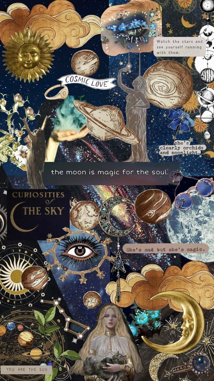 Whimsigoth Cosmic Collage Aesthetic, golden suns, moons, HD Phone Wallpaper