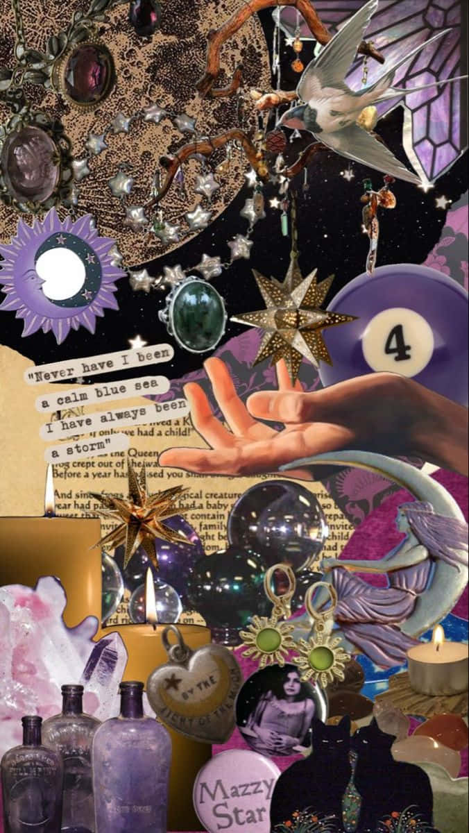 Whimsigoth Collage Aesthetic, crystal ball, stars amulets, SD Phone Wallpaper