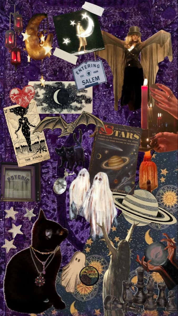 Whimsigoth Collage Aesthetic, mystical purple collage, black cat, SD Phone Wallpaper