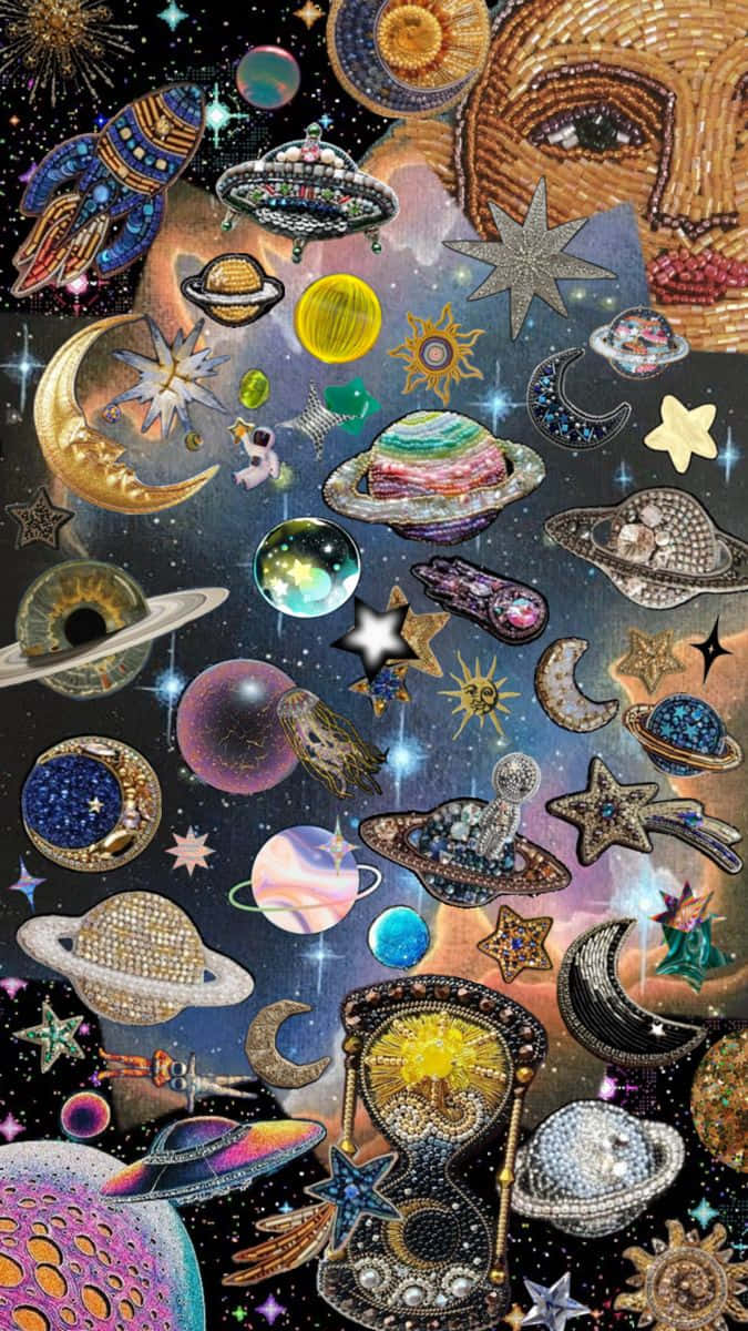 Whimsigoth Space Collage, bejeweled planets, moons, SD Phone Wallpaper