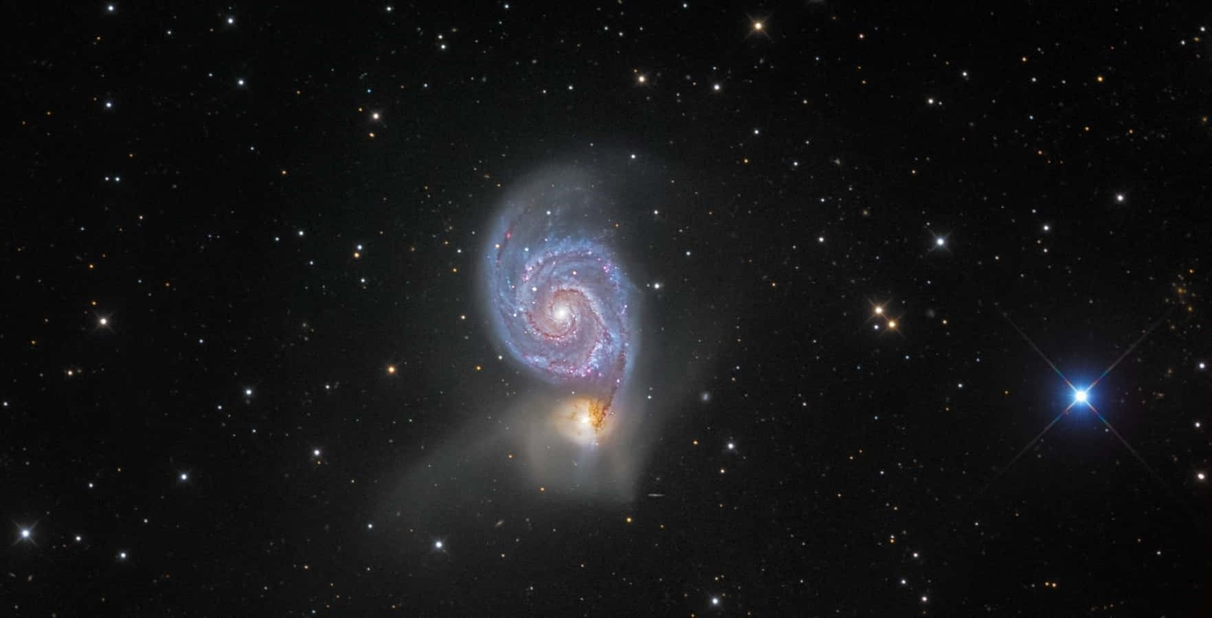 Whirlpool Galaxy, blue and purple arms, starfield, HD Desktop Wallpaper