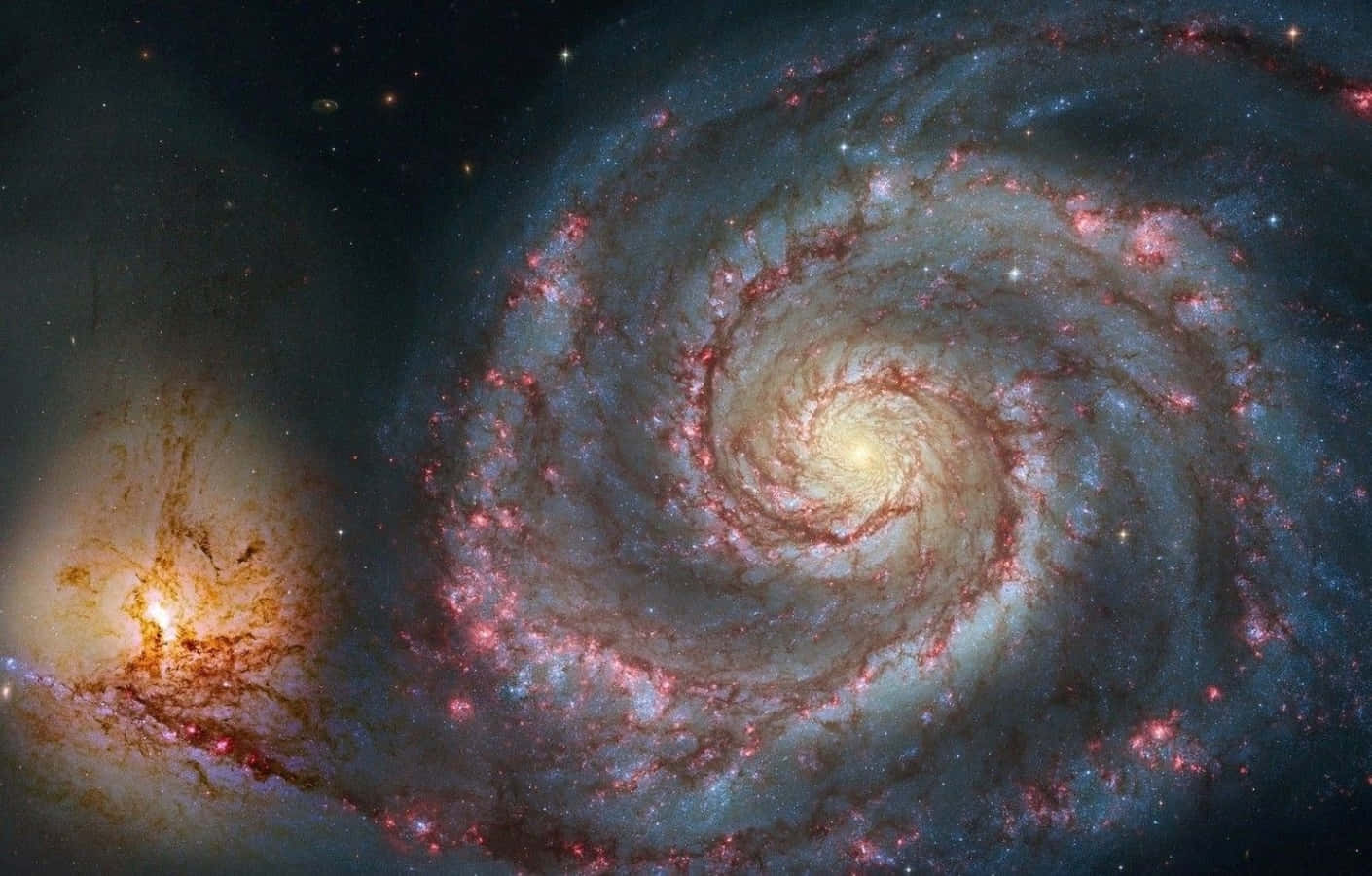 Whirlpool Galaxy, pink and blue nebulae, starry cosmic backdrop, HD Desktop Wallpaper