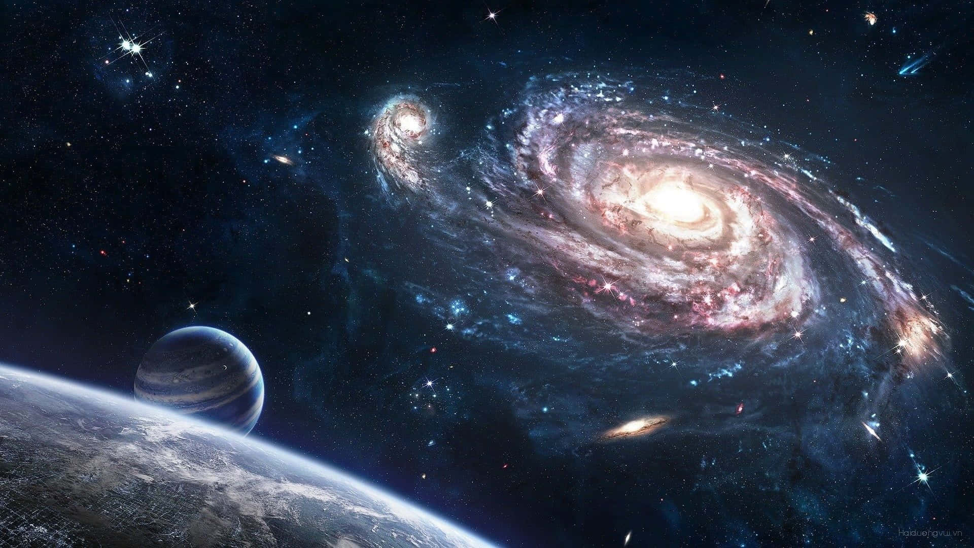 Whirlpool Galaxy, pink and blue hues, planet, Full HD Desktop Wallpaper